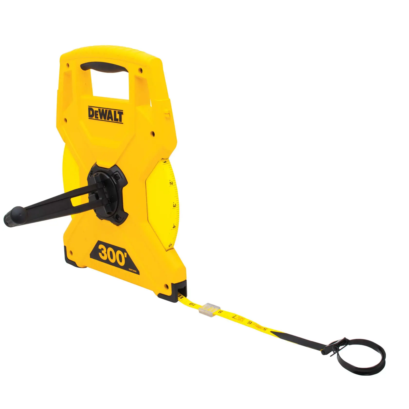 A yellow DEWALT 300-foot measuring tape reel with a handle and crank for winding the tape. The tape is extended, showing measurement markings, and has a black loop at the end.