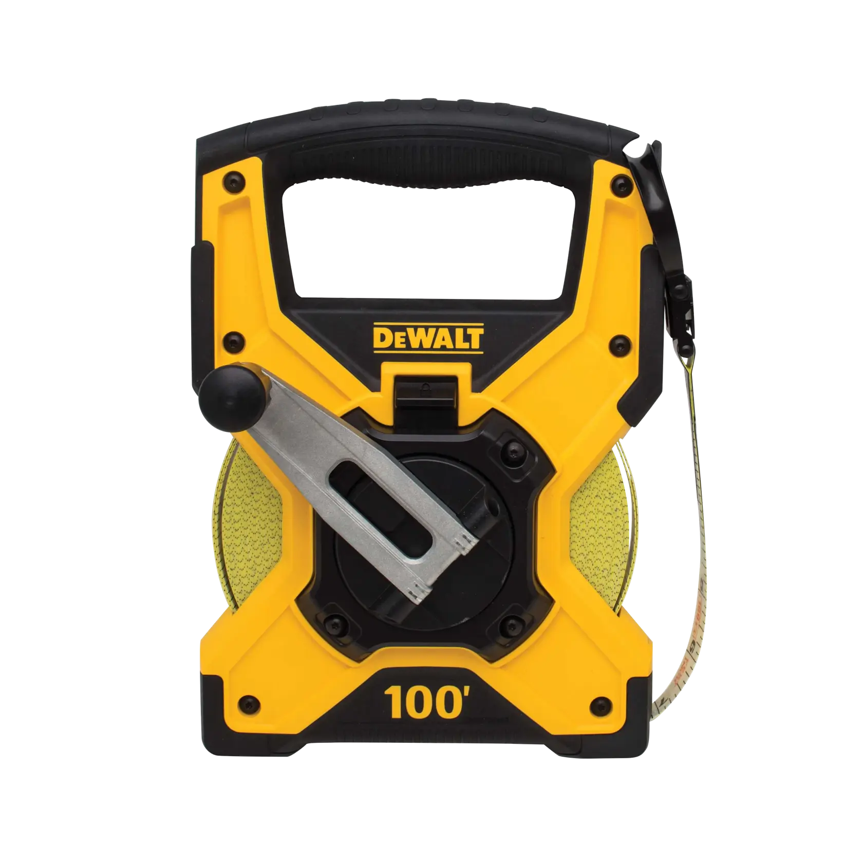 A DEWALT 100-foot long measuring tape in a yellow and black plastic case with a handle and metal crank.