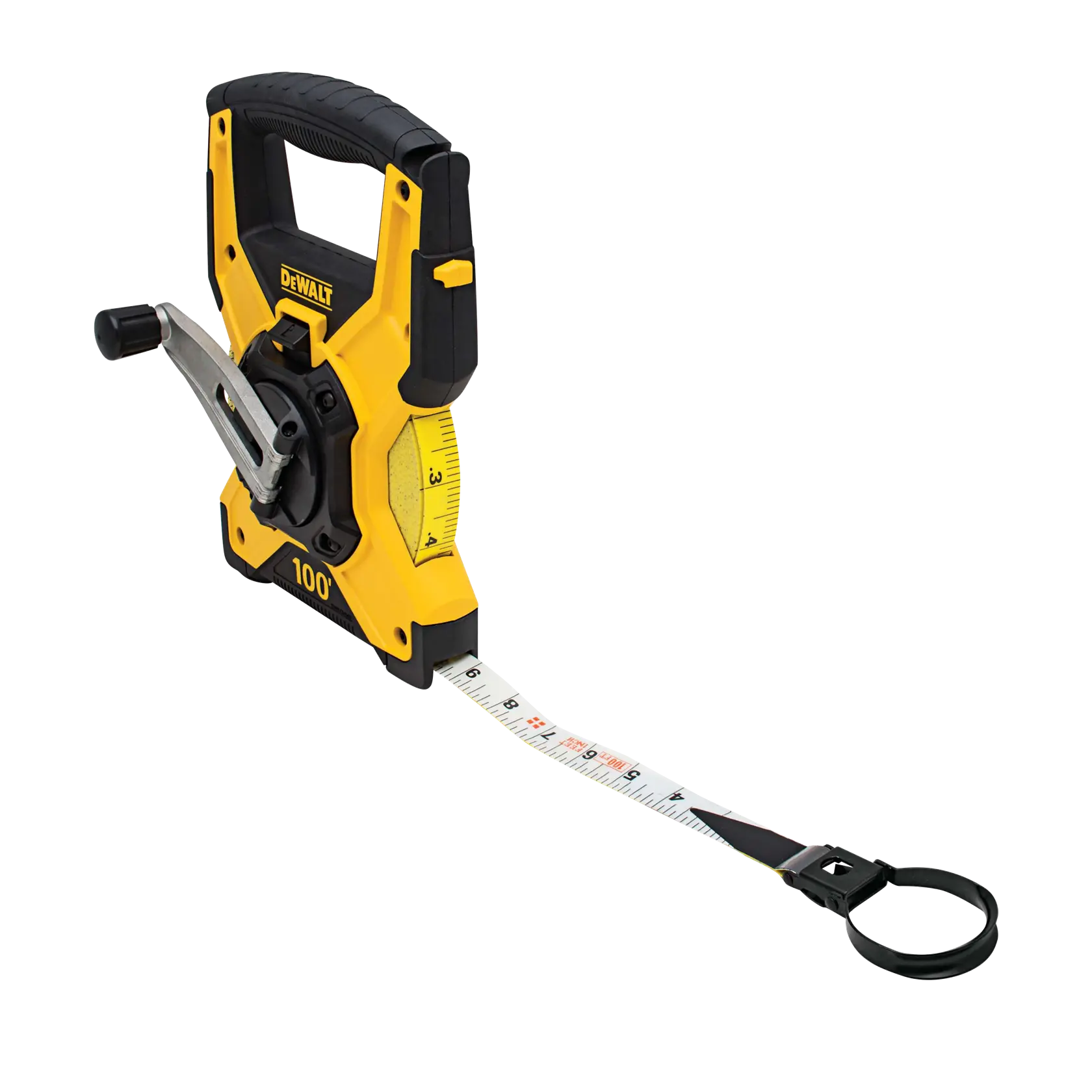 A DEWALT yellow and black 100-foot tape measure with a handle and crank for easy winding, shown with its measuring tape extended.