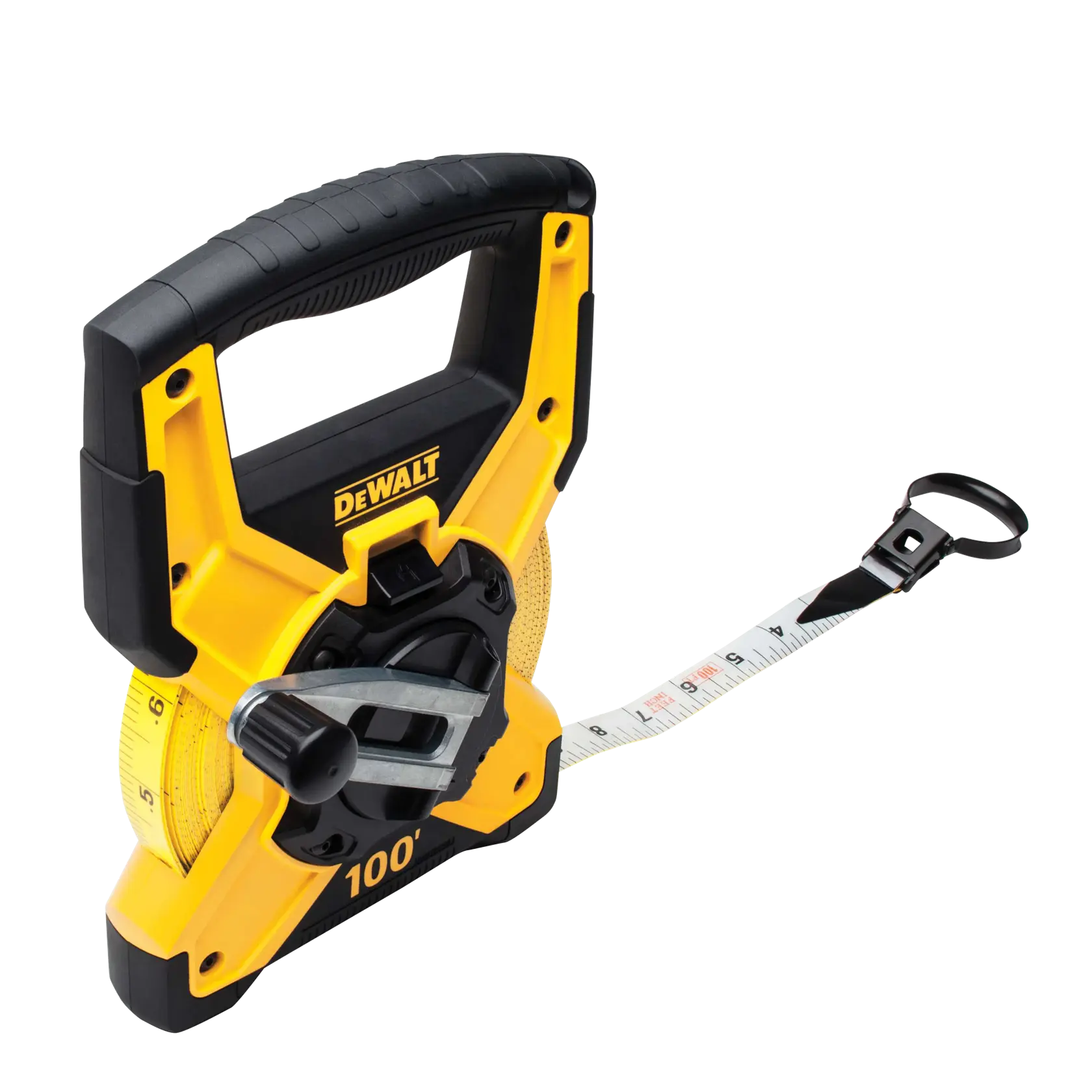 A DEWALT 100-foot open reel measuring tape with a yellow and black plastic handle and casing. The tape is partially extended and marked with both inch and foot measurements. The handle has an ergonomic grip, and there is a winding mechanism for retracting the tape.
