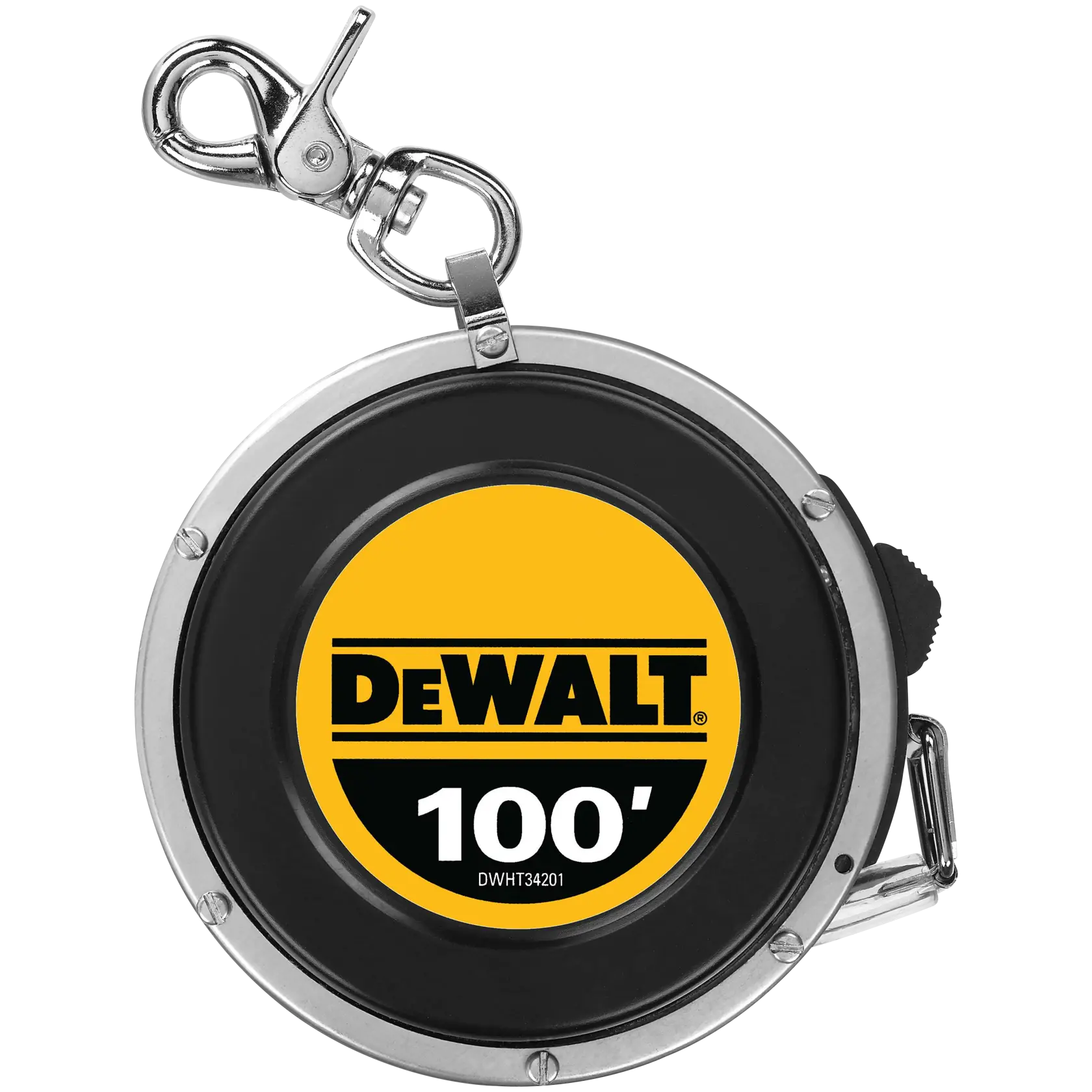 A DEWALT 100-foot measuring tape reel with a metal frame and a yellow and black DEWALT logo, shown with a metal clip attached to the top. Product code DWHT34201.