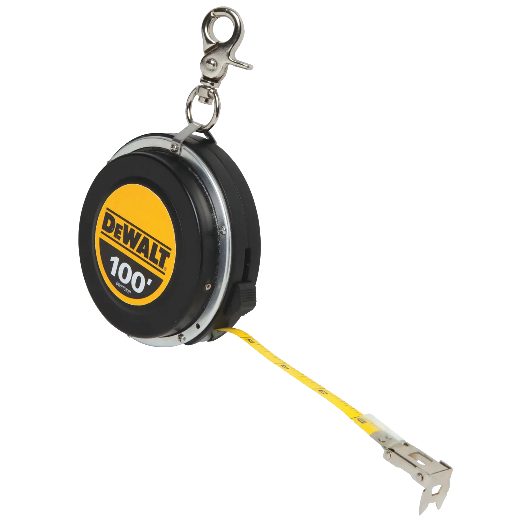 A round, black and yellow DEWALT measuring tape reel with a 100-foot yellow tape and a metal clip, designed for professional use.