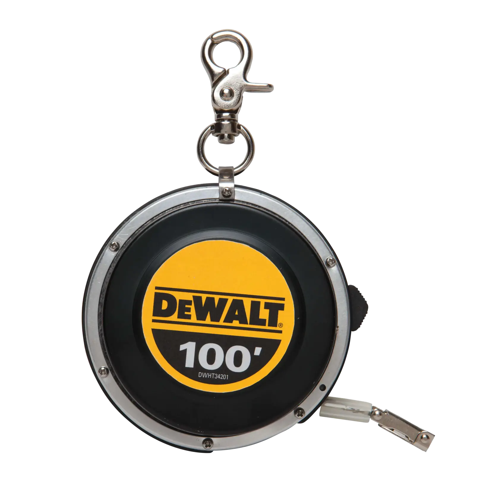 A DEWALT branded 100-foot measuring tape reel with a metal hook attachment, model DWHT34201.