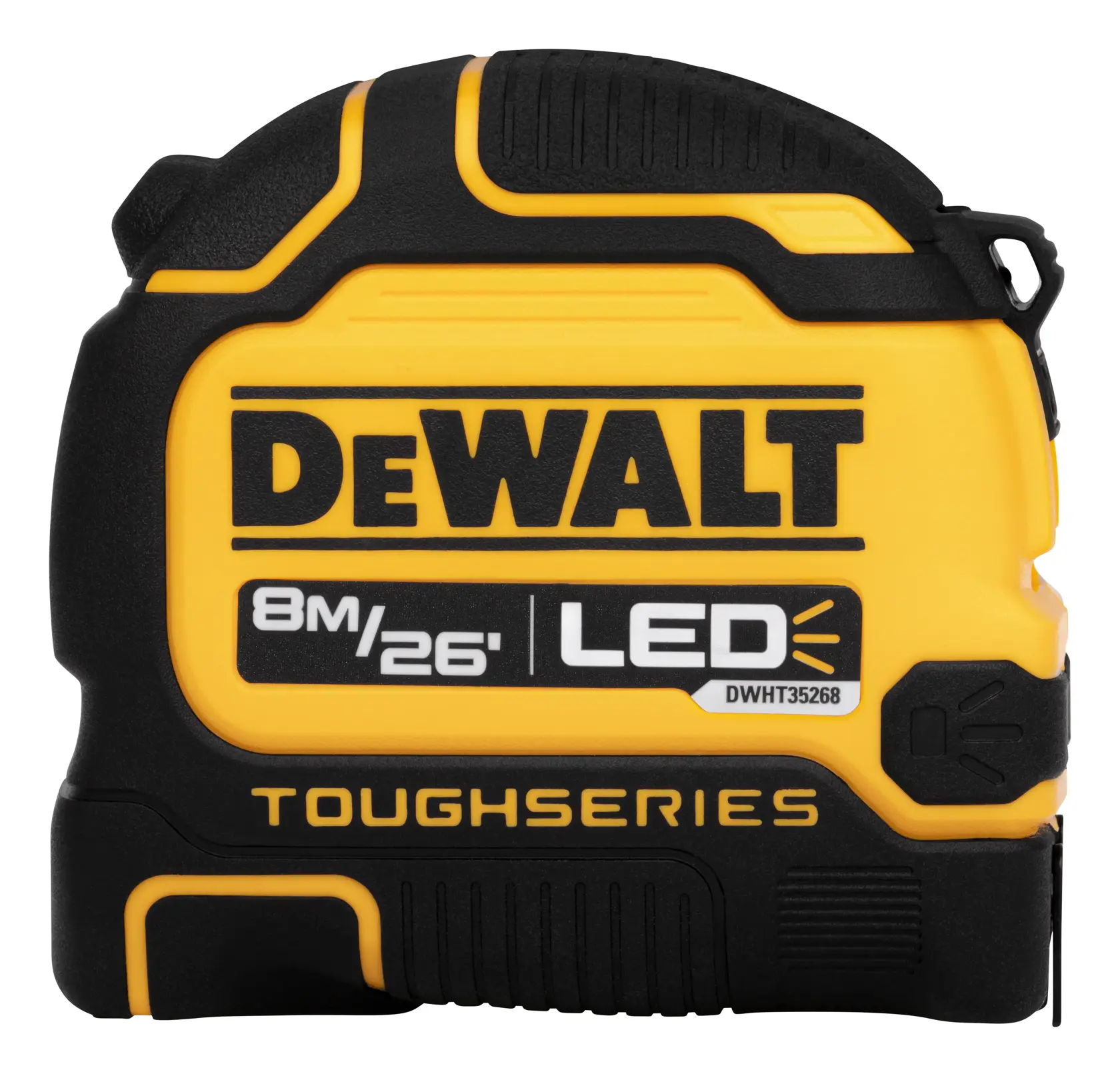 DEWALT ToughSeries LED tape measure, 8m/26ft, yellow and black, model DWHT35268S.