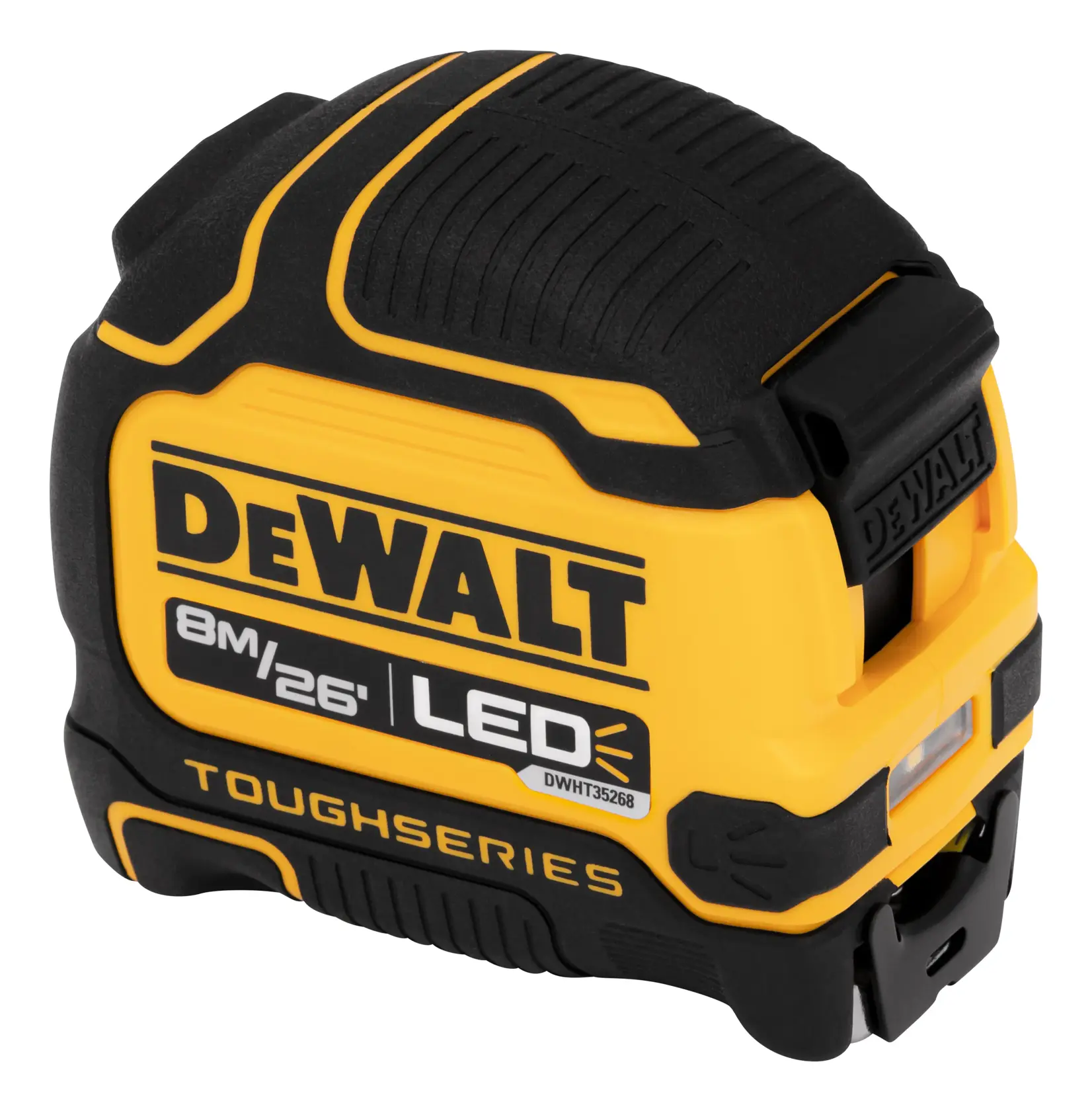 DEWALT ToughSeries LED tape measure, yellow and black, 8m/26ft, DWHT35268S.