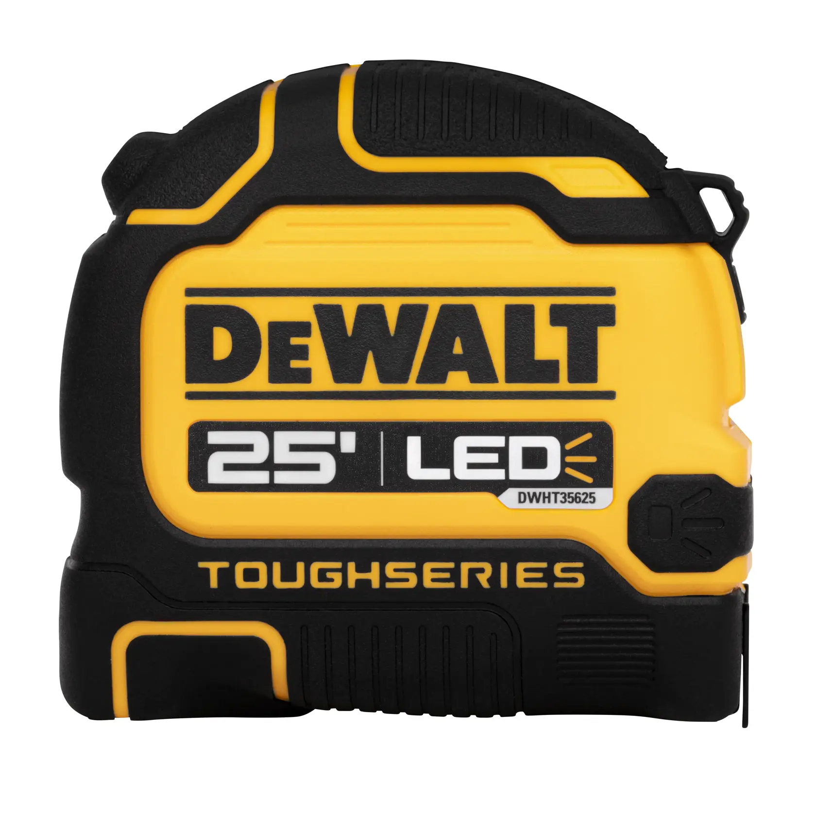 A DEWALT ToughSeries tape measure with a 25-foot length and LED light feature, model DWHT35625S. The tape measure has a yellow and black design.