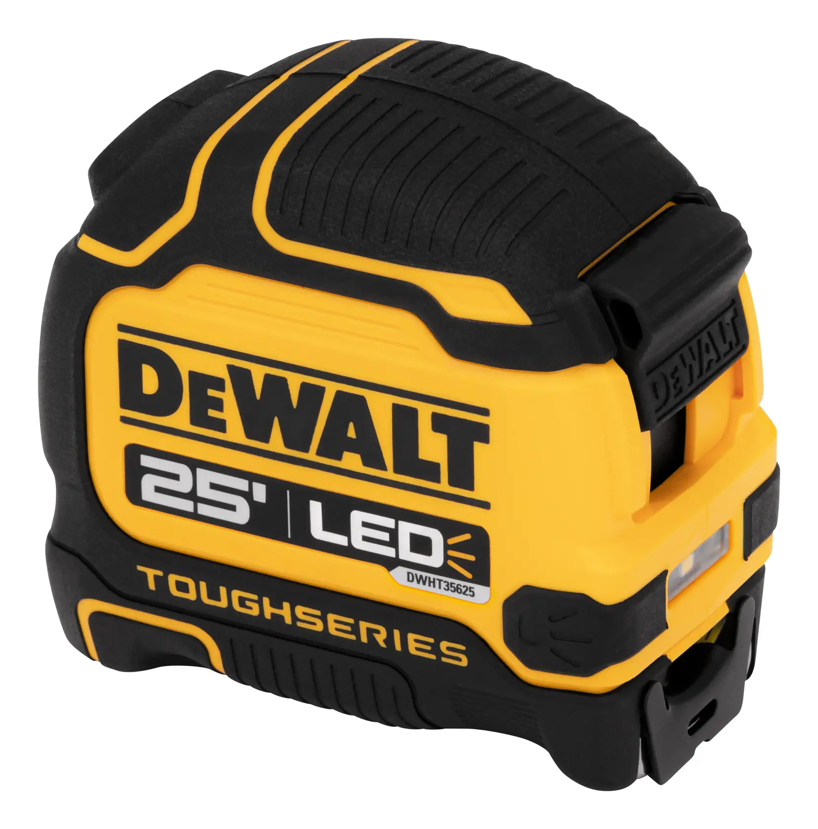 A DEWALT ToughSeries 25-foot LED tape measure with a yellow and black design.