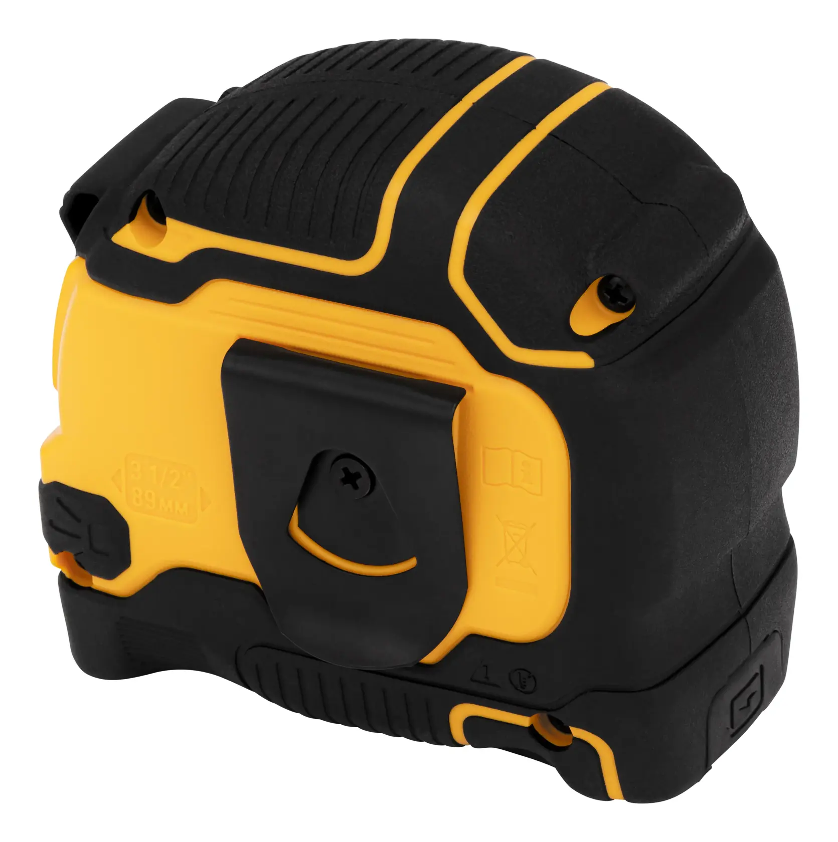 A close-up view of the back side of a DEWALT tape measure with a black and yellow rubberized case and a metal belt clip.