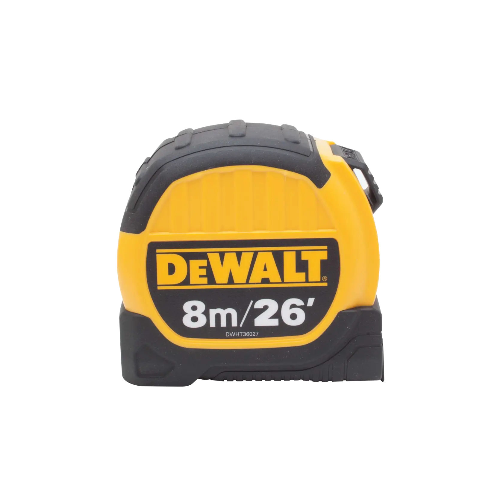 A DEWALT tape measure with a yellow and black casing, marked with 8 meters / 26 feet on the front.