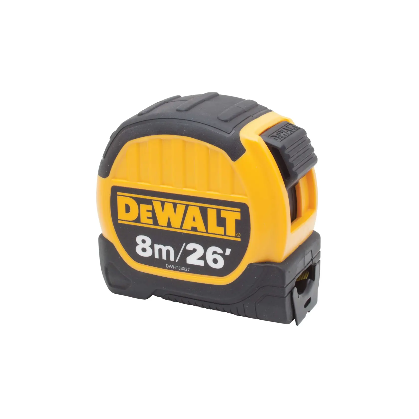 A DEWALT branded tape measure with a yellow and black casing, showing the measurement capacity of 8 meters or 26 feet.
