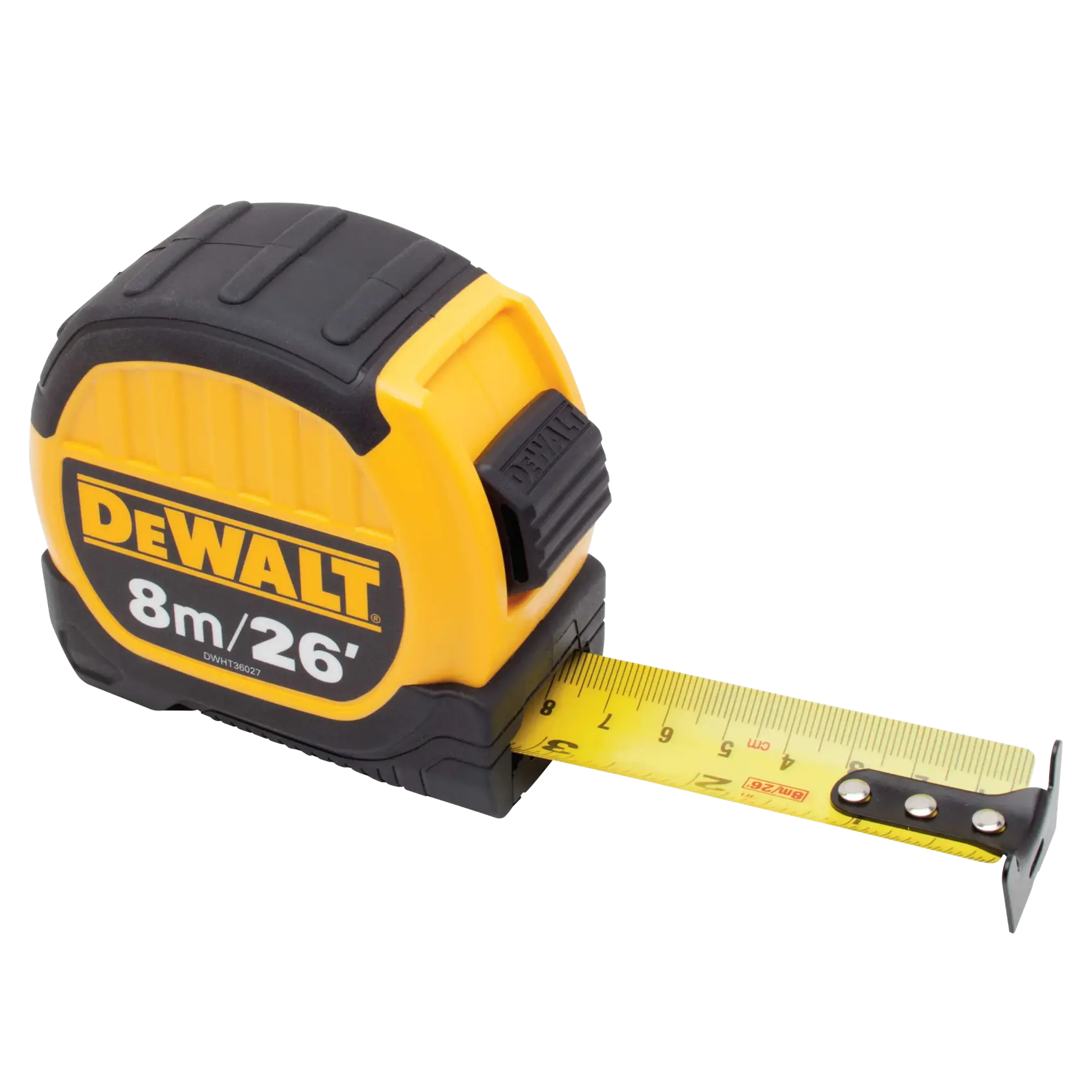 A DEWALT tape measure with a yellow and black casing, labeled 8m/26', with the measuring tape partially extended.