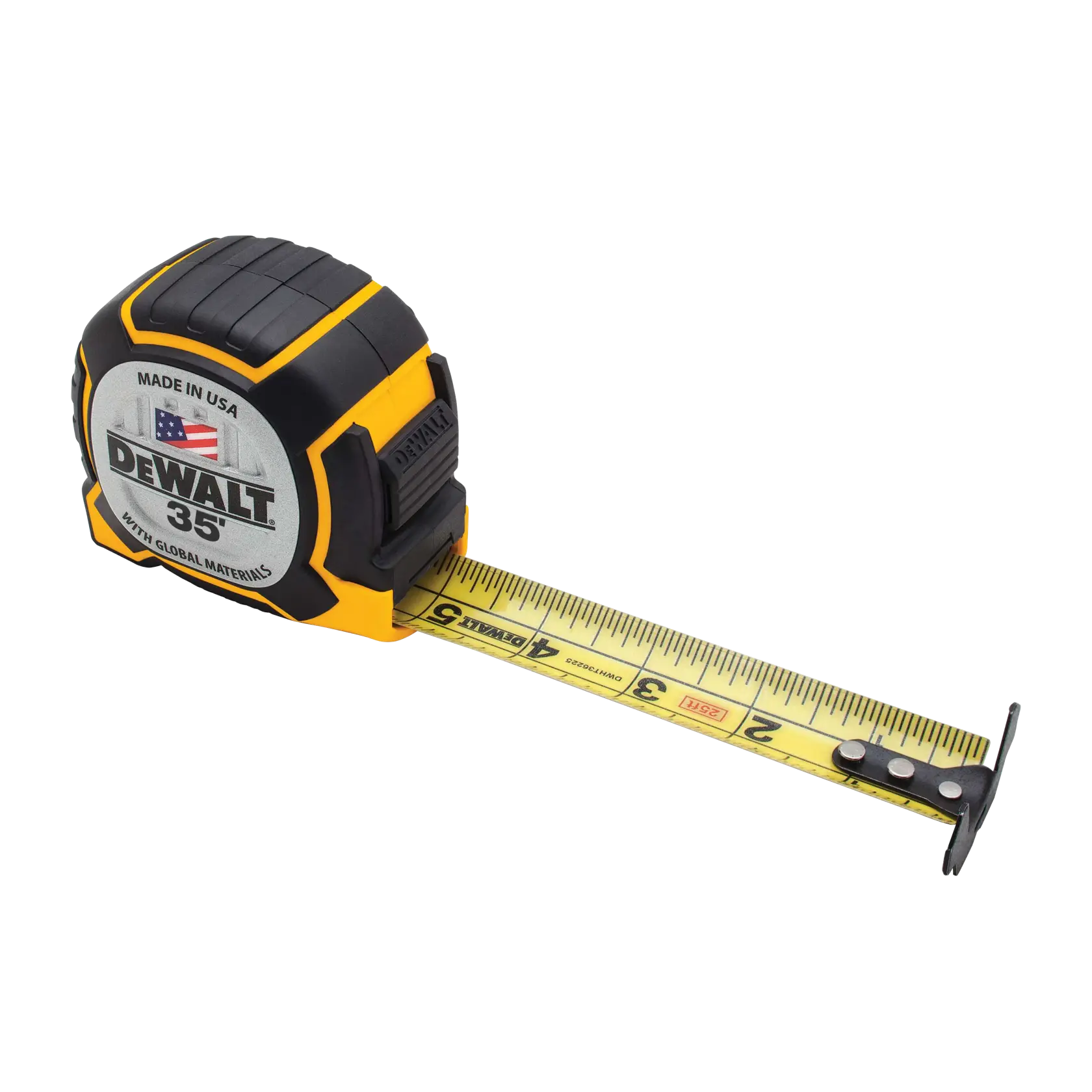A DEWALT 35-foot measuring tape with a yellow and black casing. The tape is extended and displays measurement markings, with the DEWALT logo and 'Made in USA with Global Materials' label visible on the side.