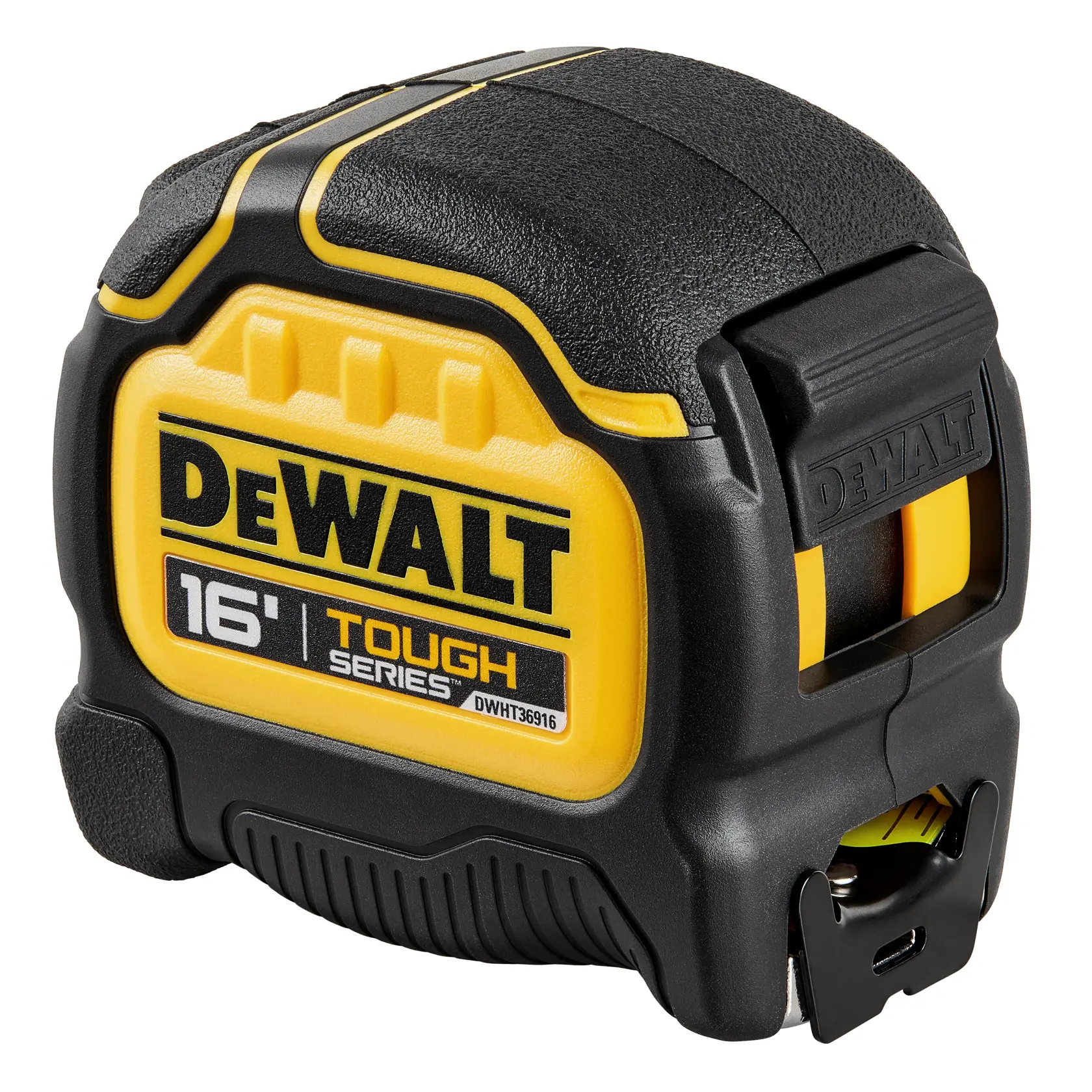A DEWALT 16-foot tape measure from the Tough Series, showing the yellow and black durable casing and the DEWALT branding.