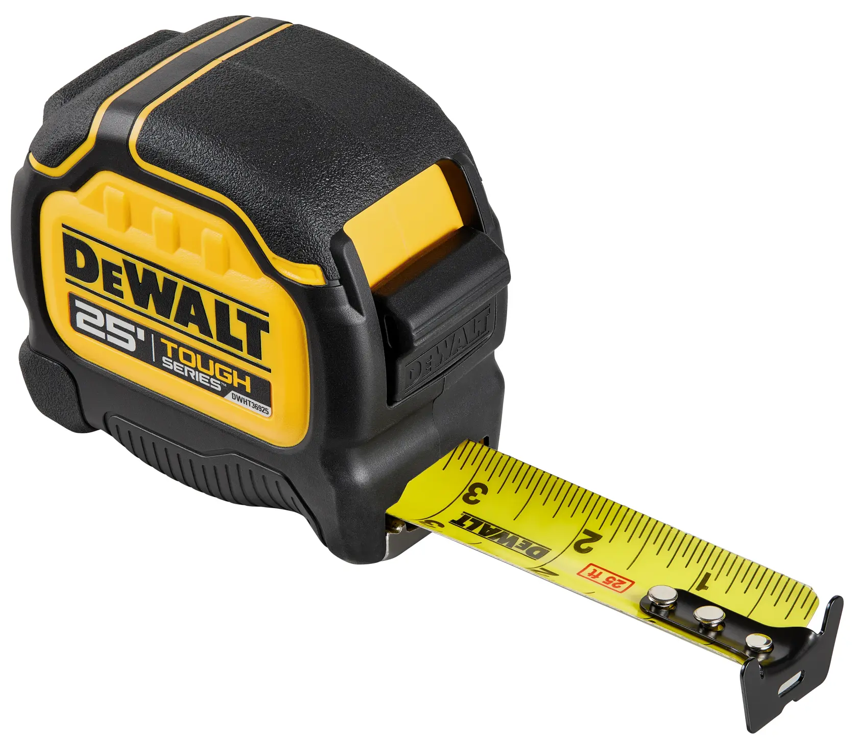 Profile of Tough Series 25 feet Tape Measure with blade pulled out.