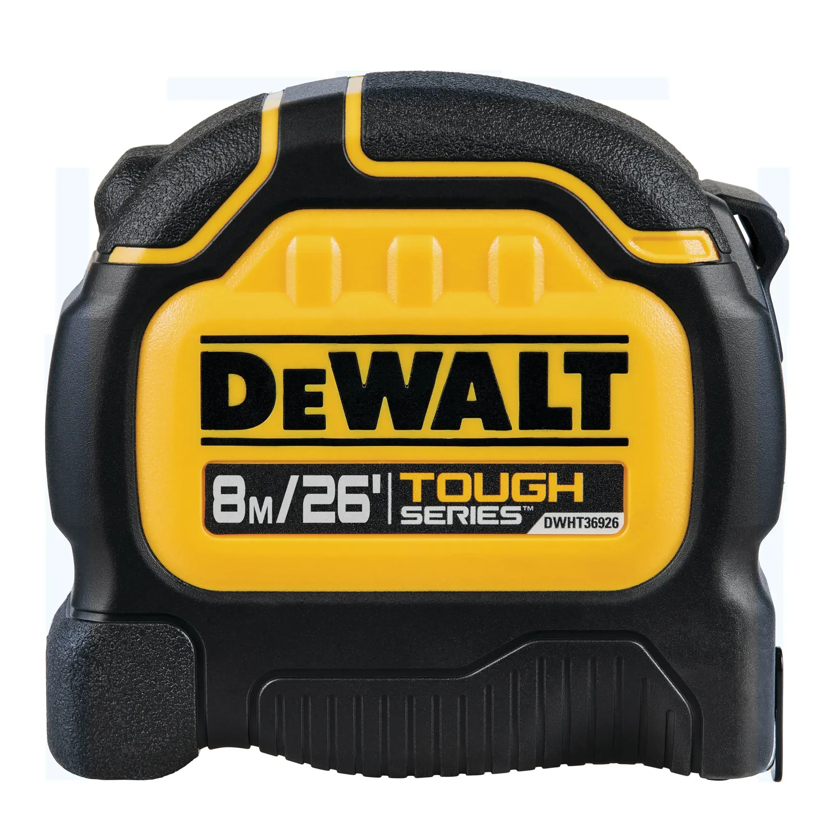 Close-up of a DEWALT Tough Series tape measure, model DWHT36926S, showing the front with yellow and black casing and labeled with 8 meters / 26 feet measurement.