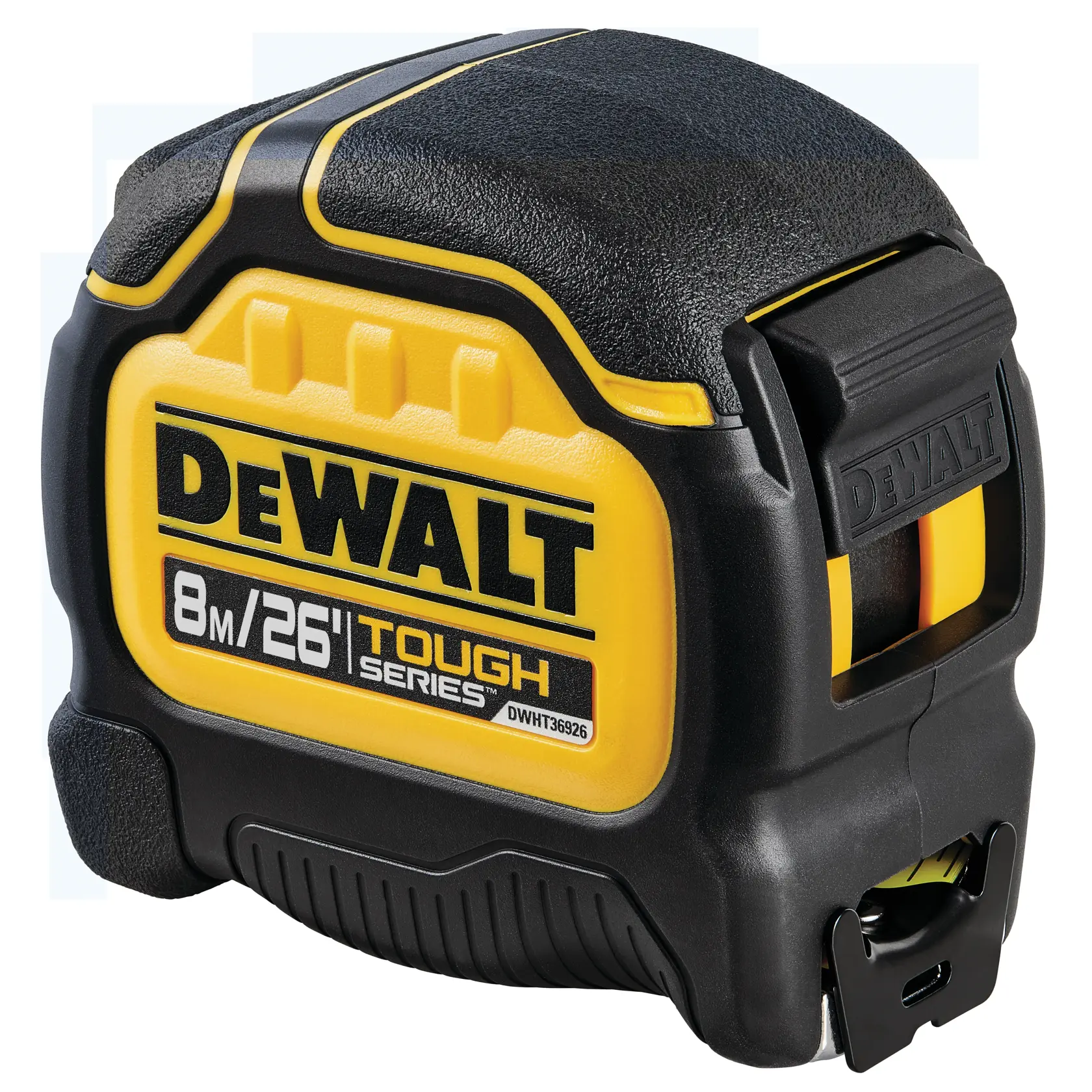 A DEWALT Tough Series tape measure, shown in black and yellow colors. The tape measure indicates a length of 8 meters or 26 feet and has SKU DWHT36926S printed on the side.