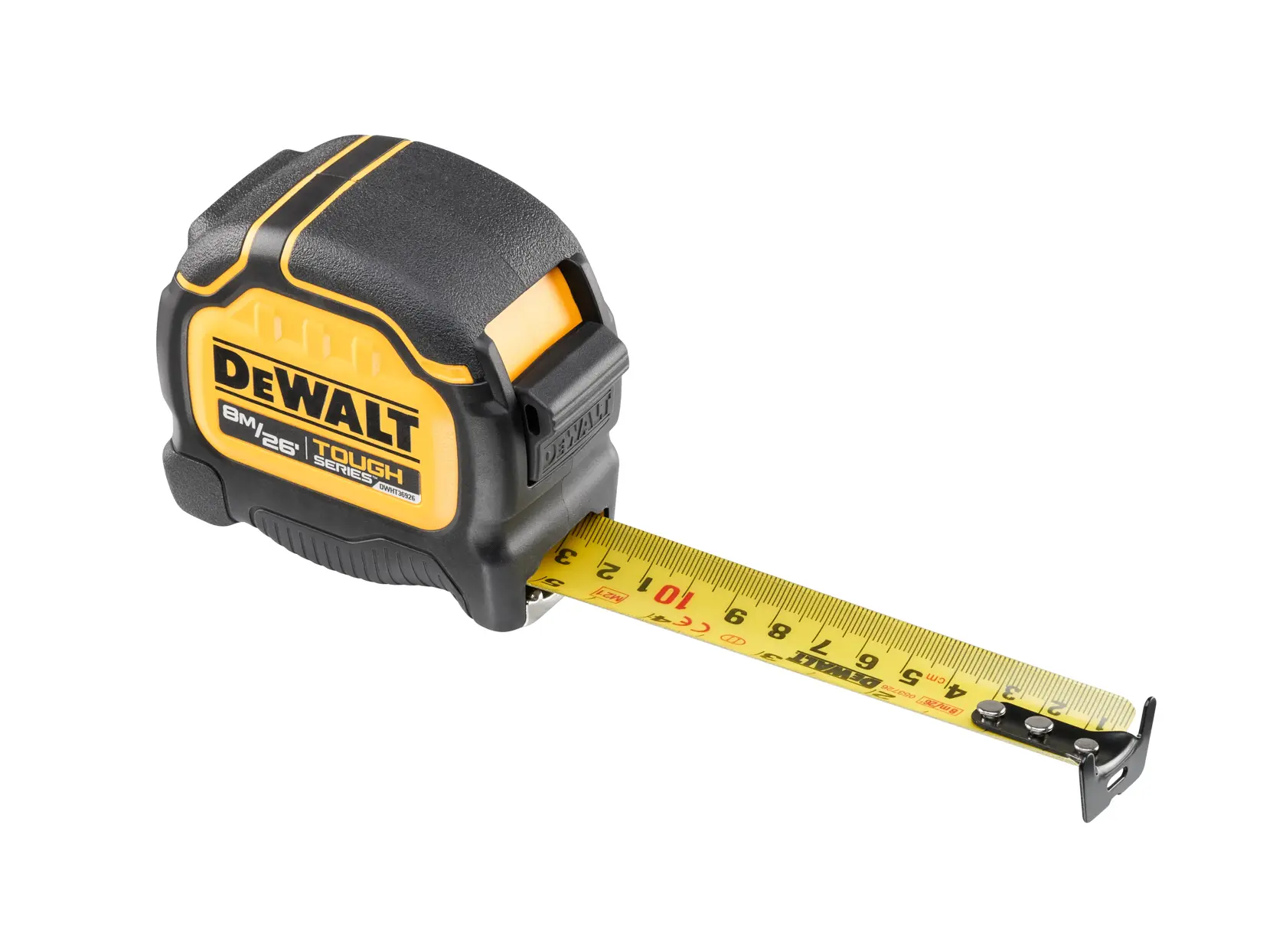 A DEWALT Tough Series tape measure with a black and yellow casing and a yellow measuring tape extended. The measurement markings are visible on the tape.