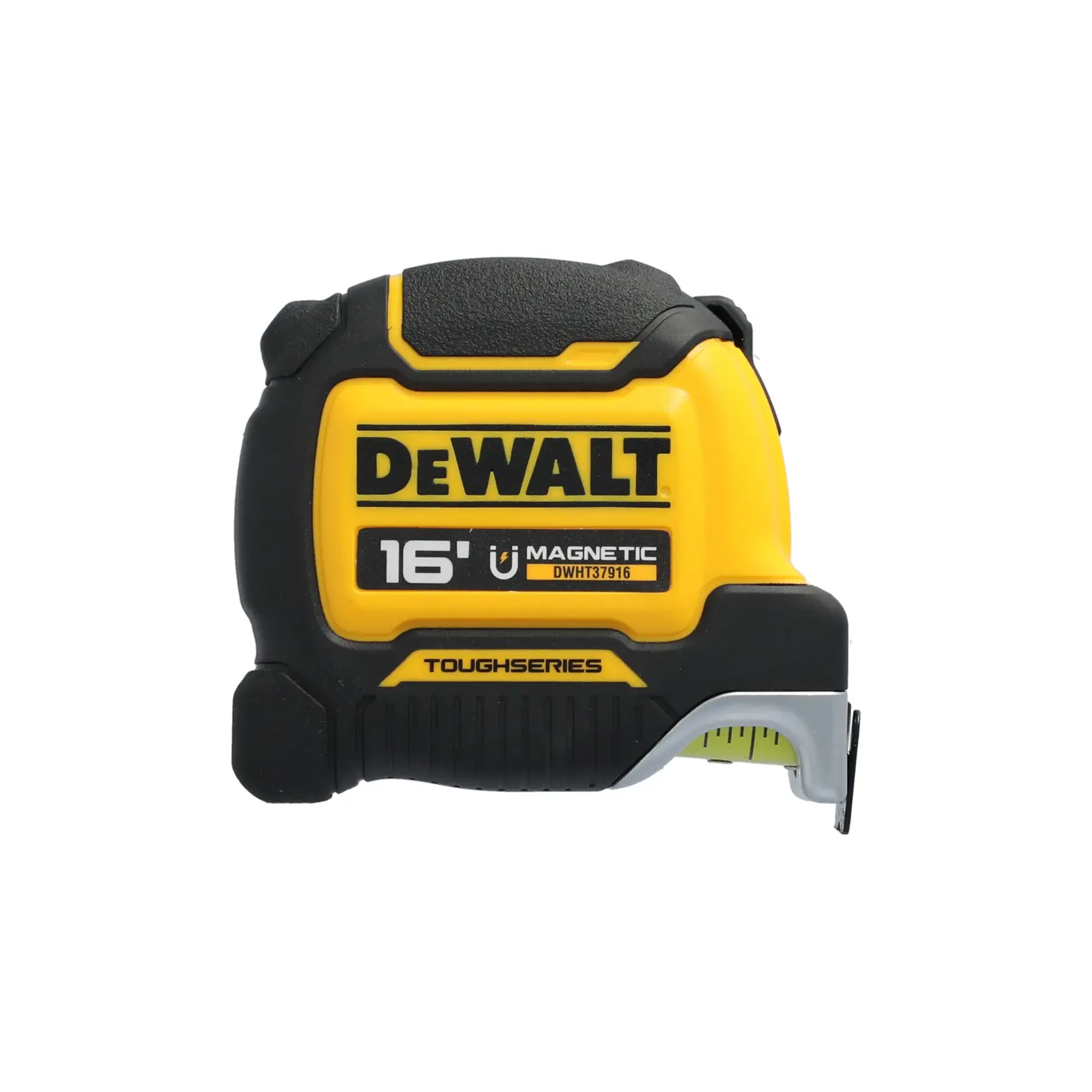 A DEWALT ToughSeries 16-foot magnetic tape measure, model DWHT37916S, with a yellow and black casing and a measuring tape partially extended.