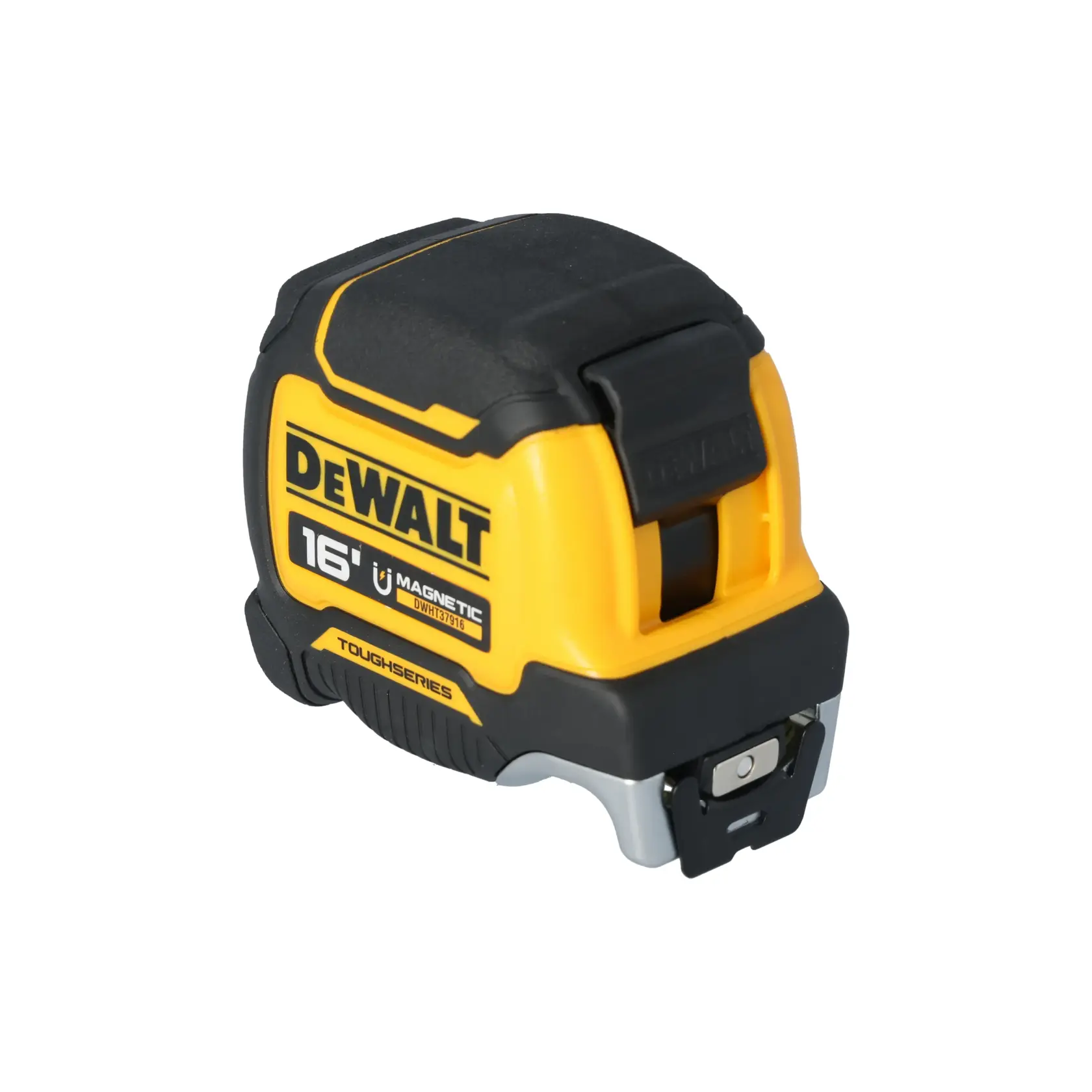 A DEWALT 16-foot magnetic tape measure from the ToughSeries, black and yellow in color, with a durable rubberized case and visible belt clip.
