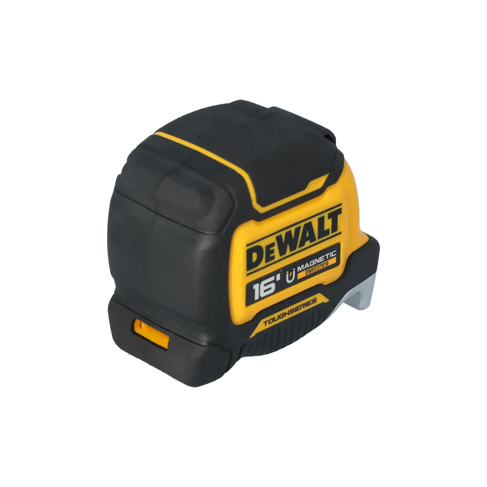 A DEWALT magnetic tape measure from the Tough Series, featuring a 16-foot measuring length, black and yellow casing, and a robust design.