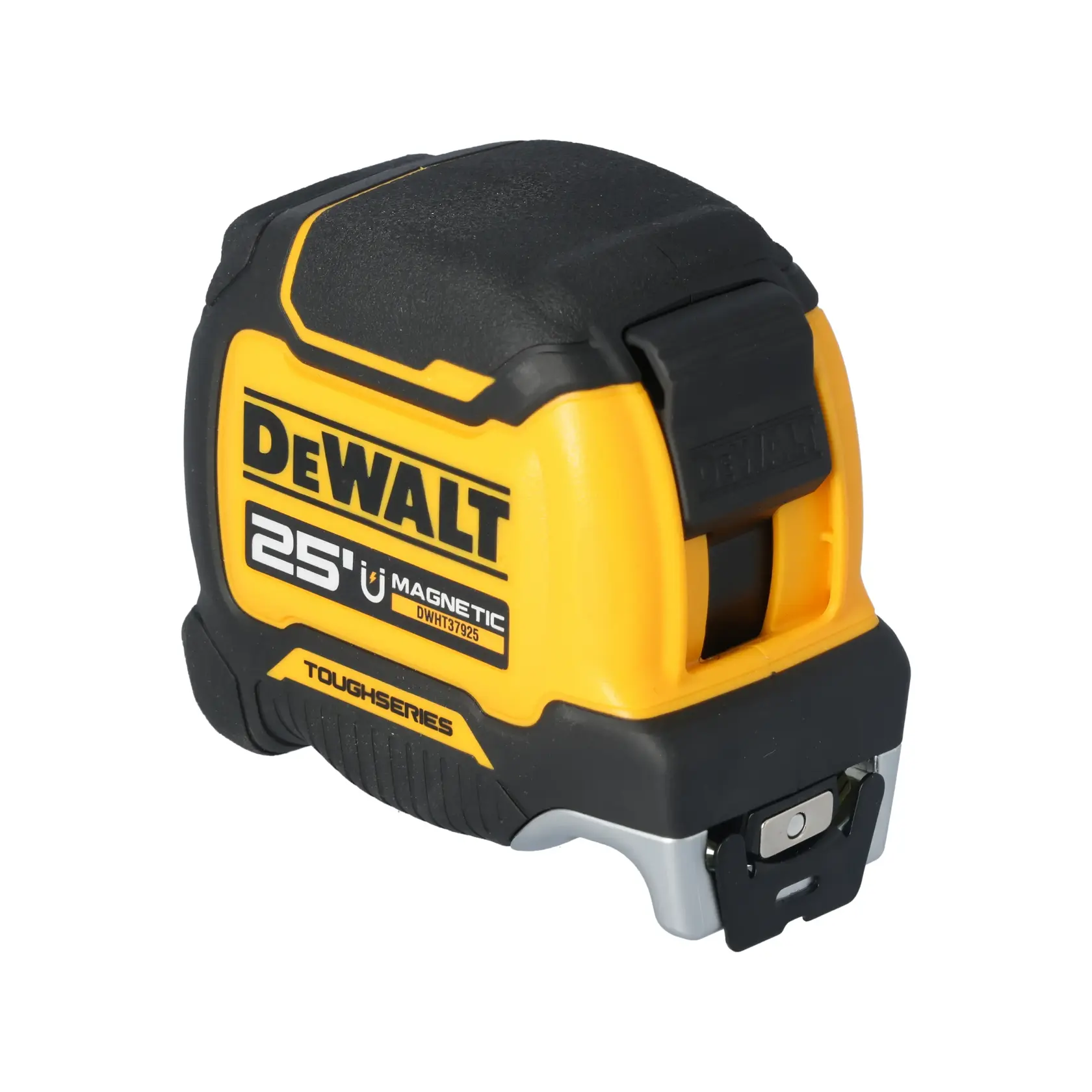 A yellow and black DEWALT 25-foot magnetic tape measure from the ToughSeries, shown standing upright on a white background.