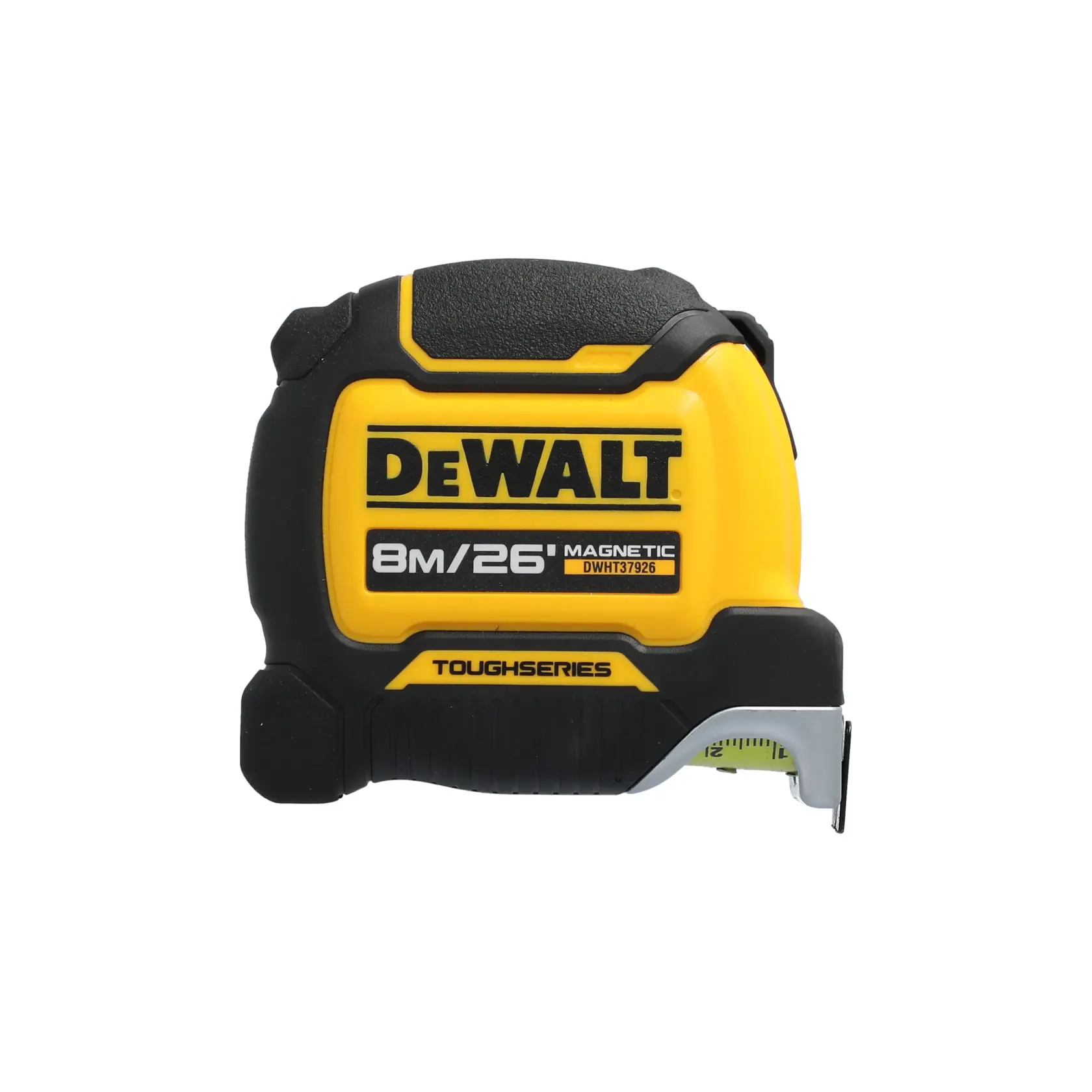 A DEWALT ToughSeries magnetic tape measure, model DWHT37926S, with a yellow and black casing. The tape measure displays measurements up to 8 meters or 26 feet.