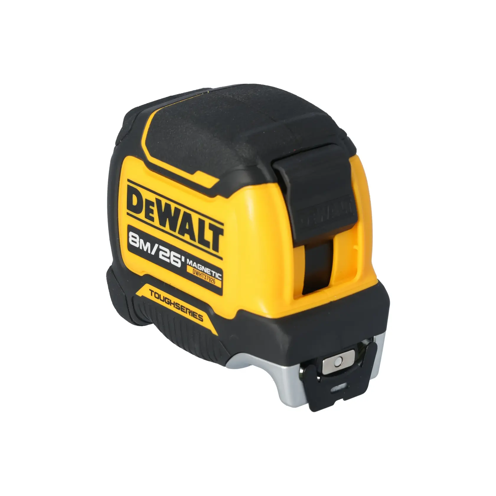 A DEWALT Tough Series magnetic tape measure with a yellow and black casing, labeled as 8 meters or 26 feet, model DWHT37926S.