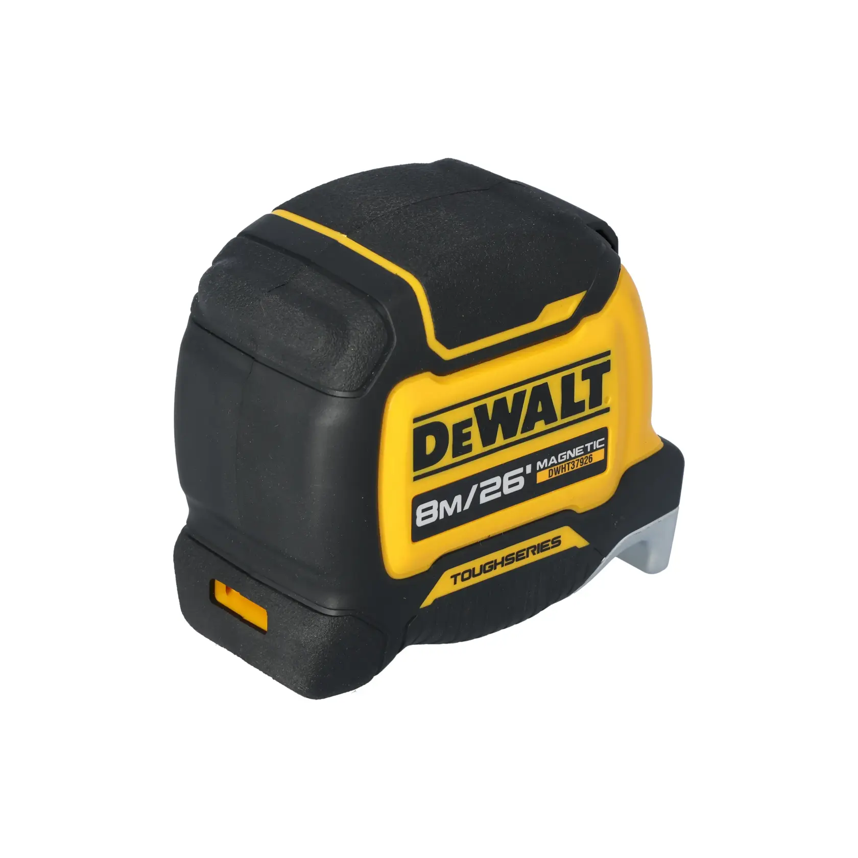 A DEWALT branded tape measure, model DWHT37926S, with a black and yellow design. The tape measure has both metric (8 meters) and imperial (26 feet) markings, and is labeled as part of the ToughSeries with a magnetic feature.