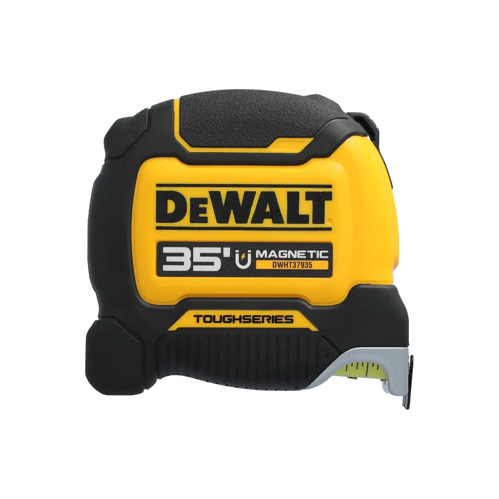 A DEWALT 35-foot magnetic tape measure from the ToughSeries, model DWHT37935S, featuring a yellow and black durable case.