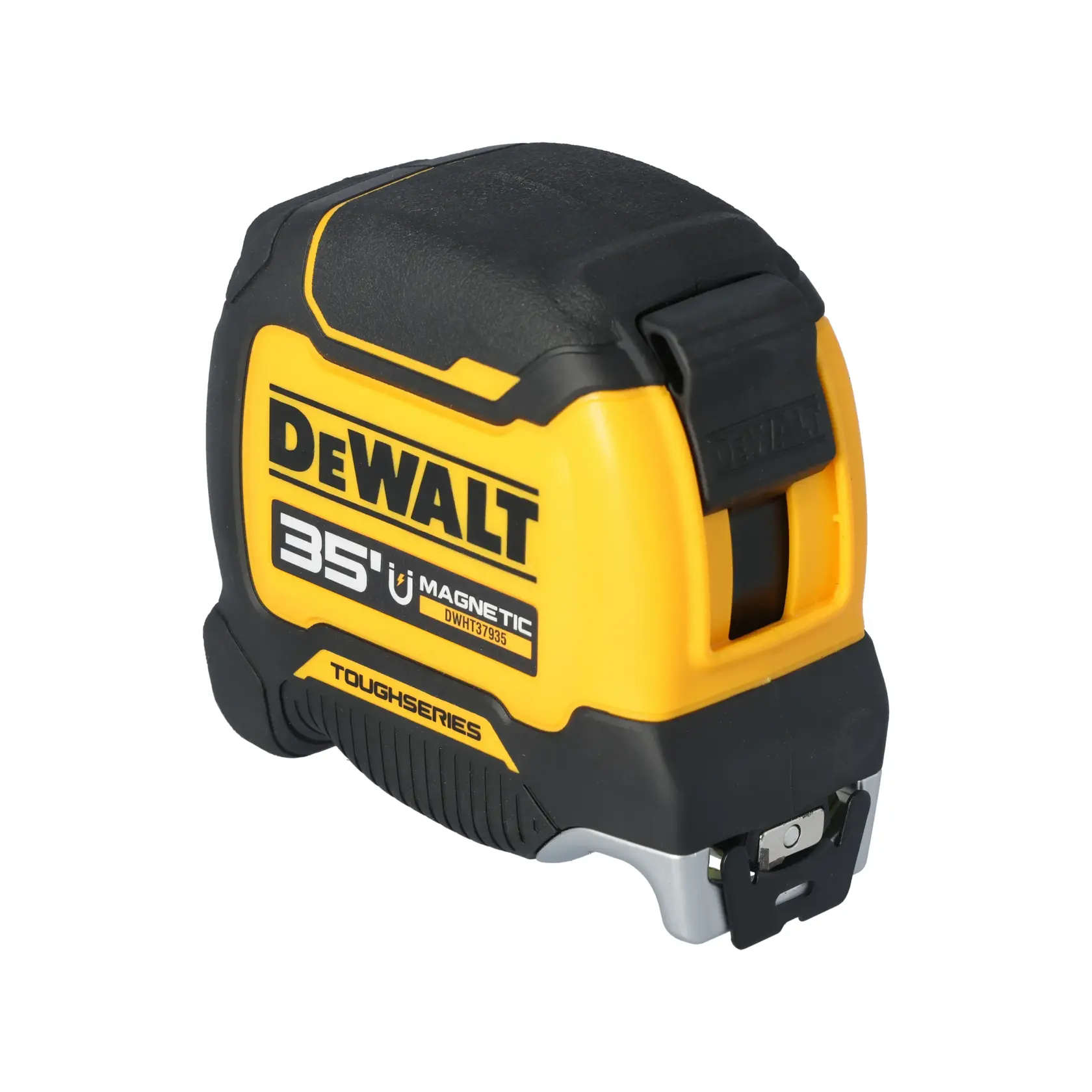 A DEWALT ToughSeries 35-foot magnetic tape measure with a yellow and black casing, shown from an angled view.