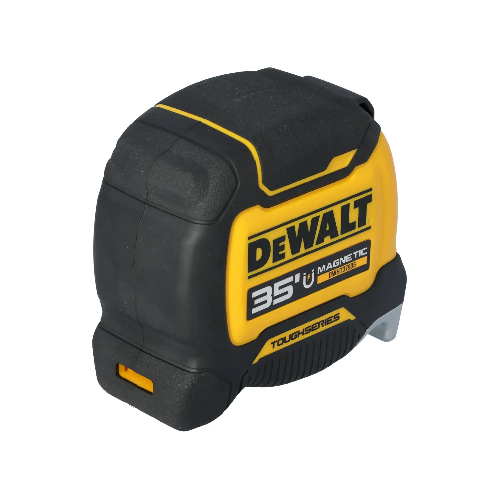 A DEWALT ToughSeries 35-foot magnetic tape measure, model DWHT37935S, featuring a black and yellow durable outer casing.