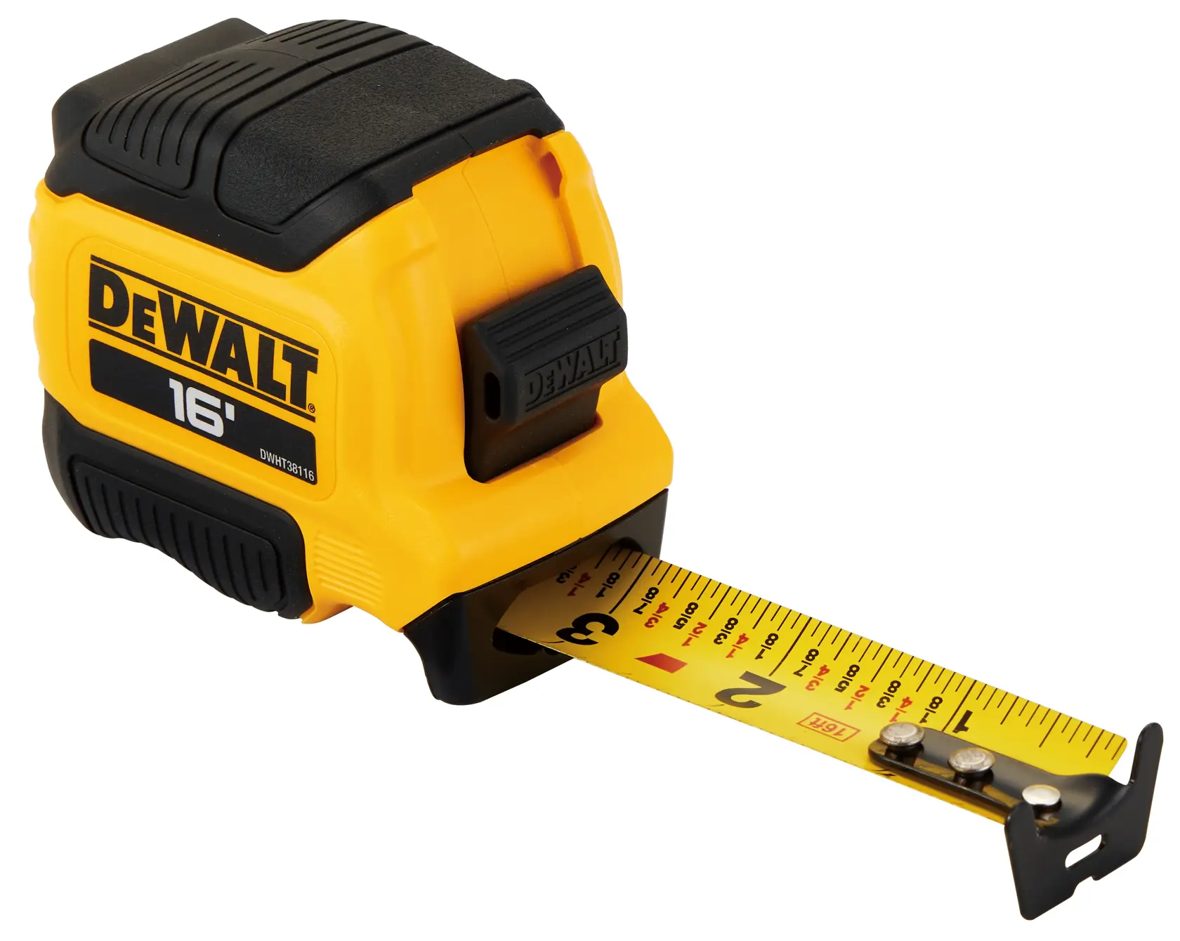 A yellow and black DEWALT 16-foot tape measure with a partially extended measuring tape.
