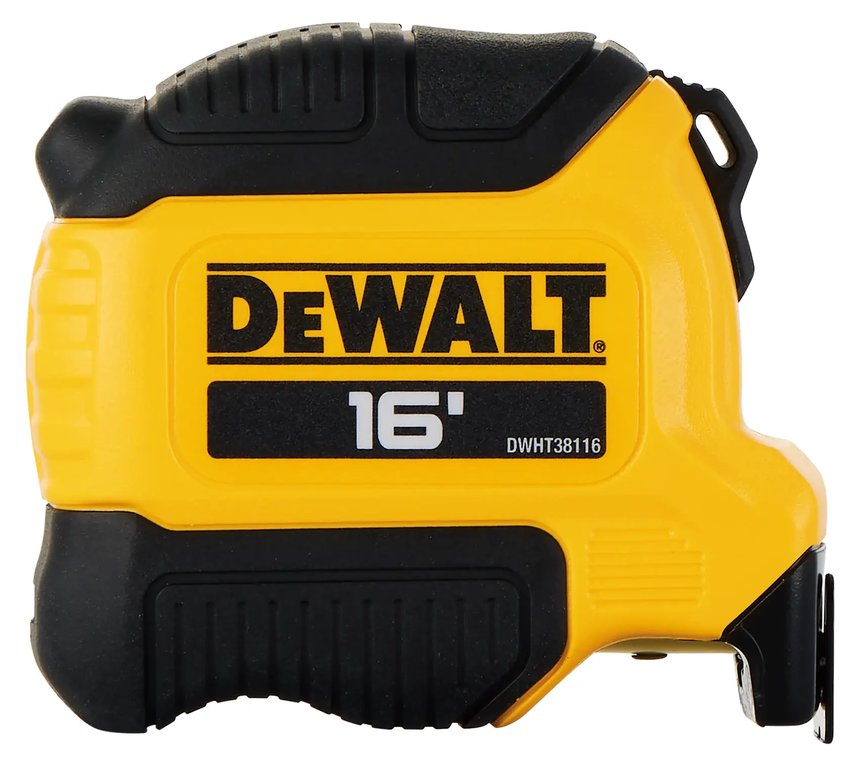 A yellow and black DEWALT 16-foot tape measure, model DWHT38116S, with a rugged design and a prominent logo on the side.