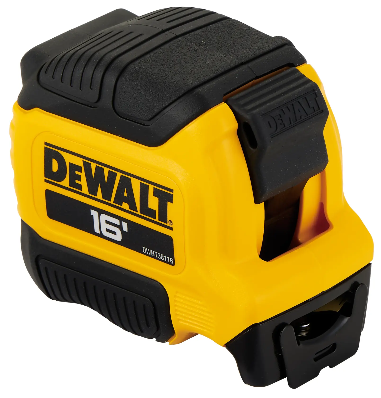 A yellow and black DEWALT 16-foot tape measure with a sturdy, ergonomic design and a large belt clip.