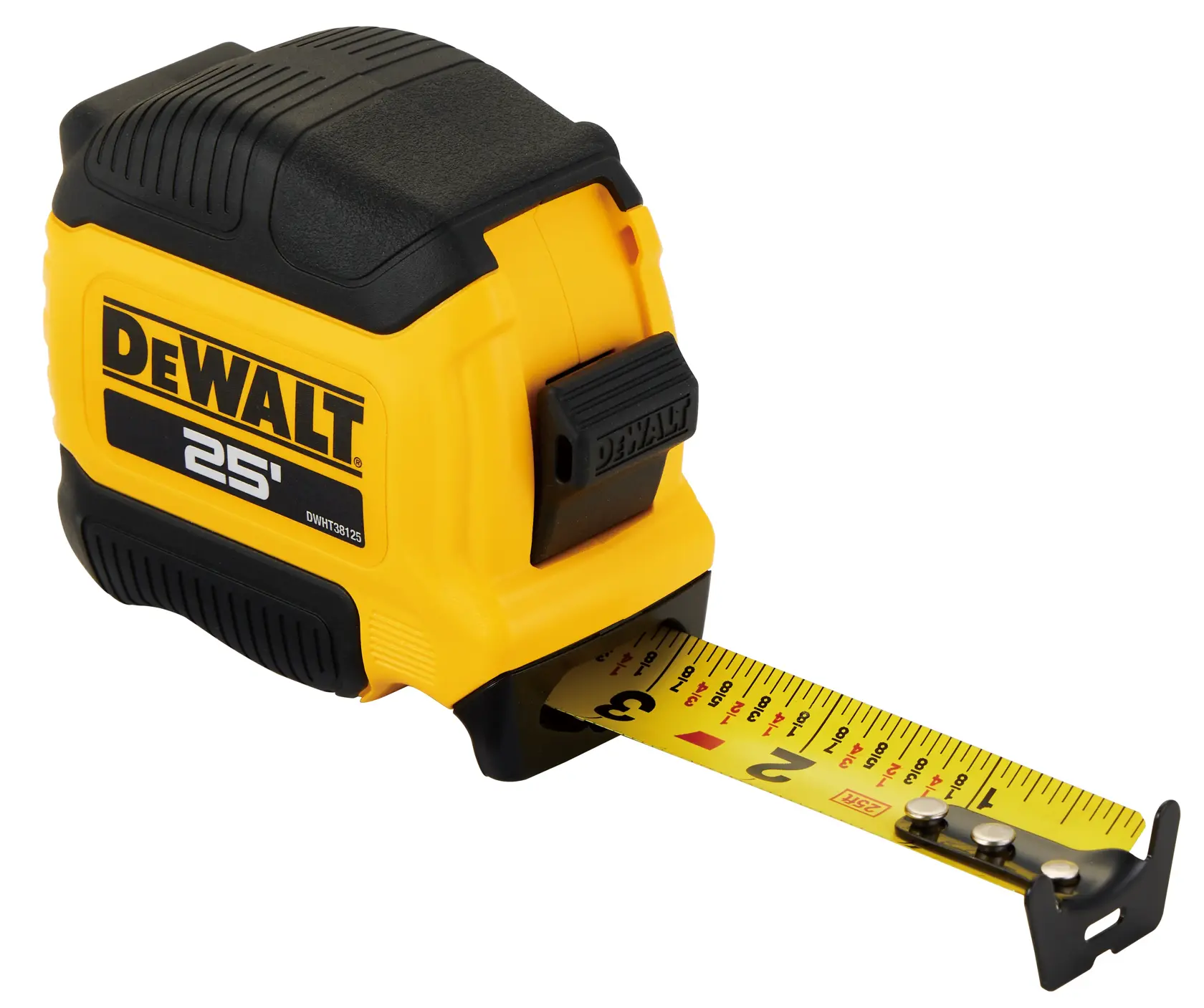 A DEWALT 25-foot yellow and black tape measure with the measuring tape partially extended, showing clear measurement markings.