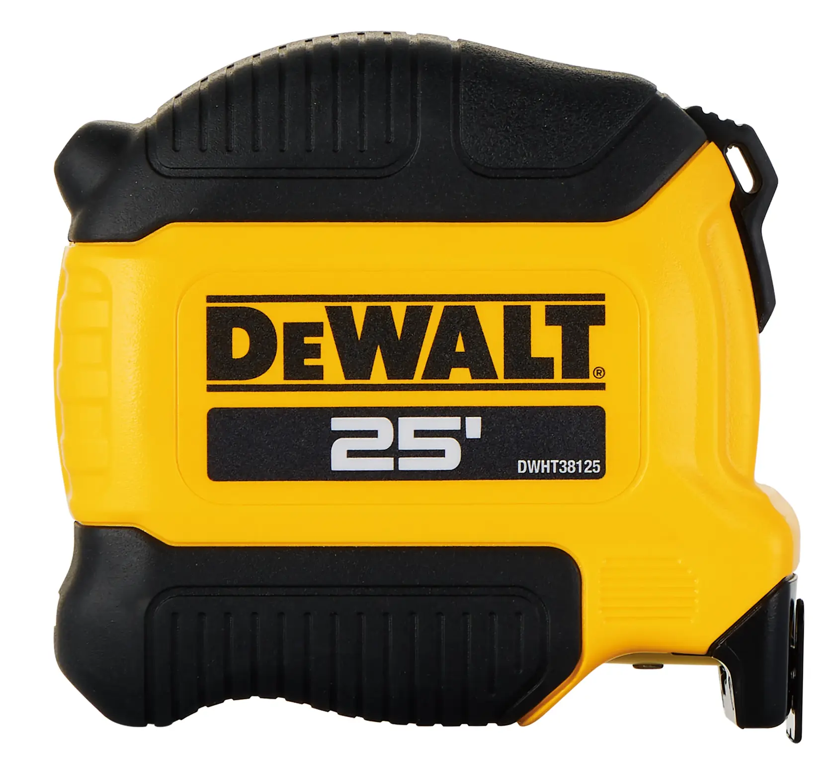A yellow and black 25-foot DEWALT measuring tape with the model number DWHT38125S displayed on the side.