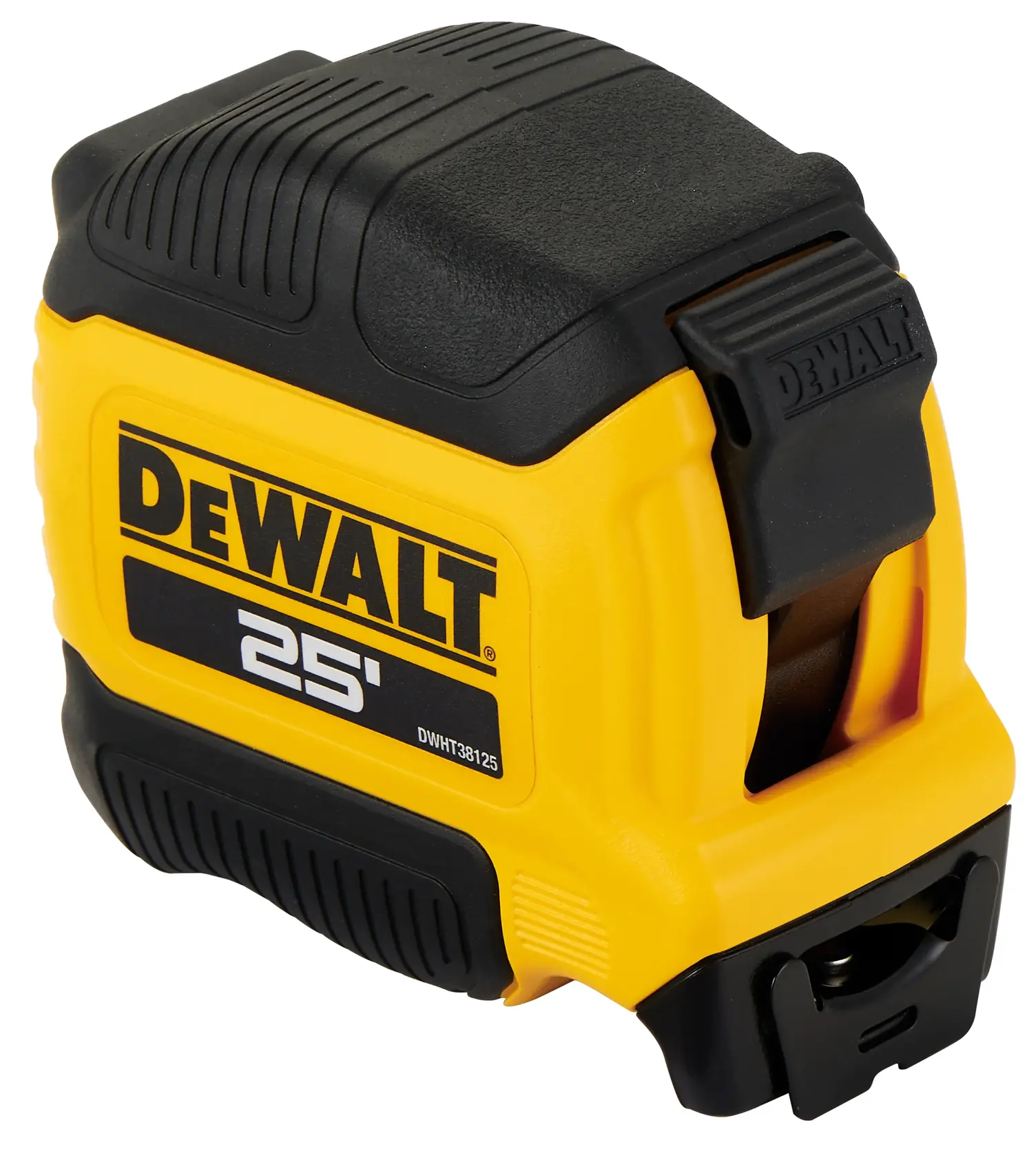 A DEWALT branded 25-foot tape measure with a yellow and black casing.