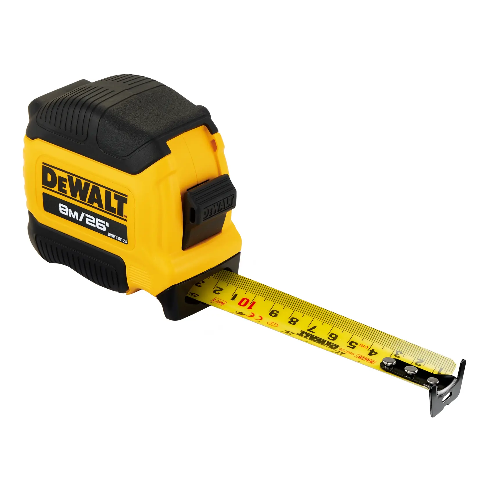 A yellow and black DEWALT tape measure with the model number DWHT38126S, showing a partially extended measuring tape marked in centimeters and inches.