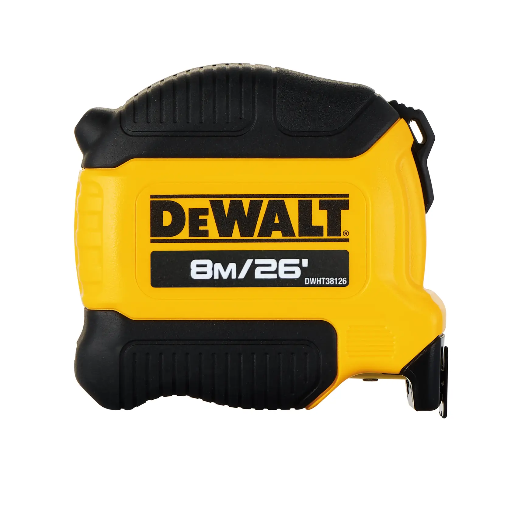 A yellow and black DEWALT measuring tape, labeled with 8 meters and 26 feet, model number DWHT38126S.
