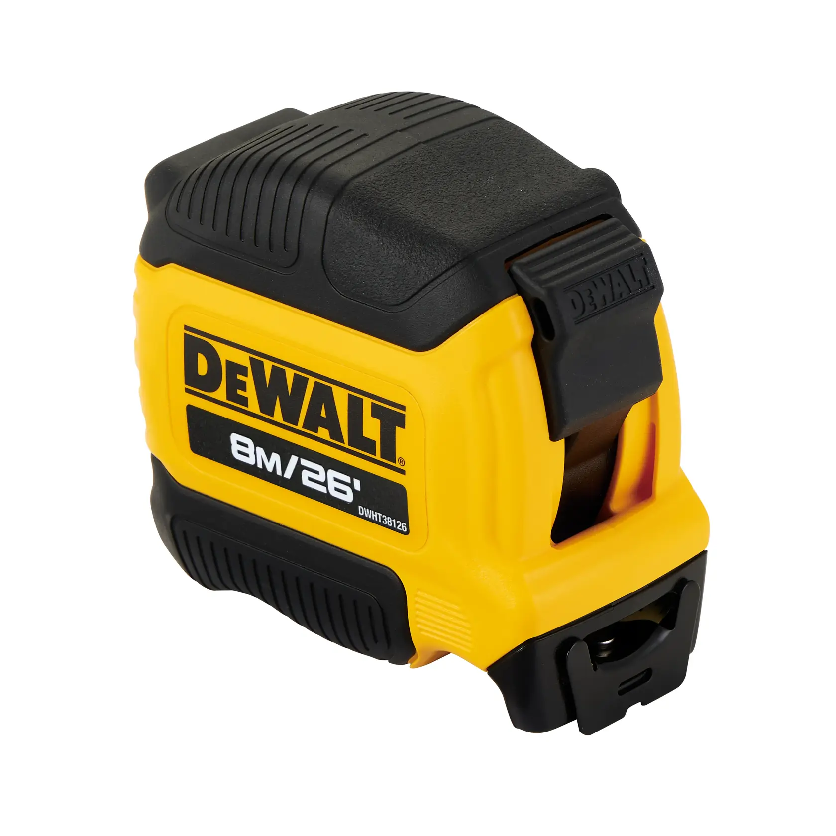 A yellow and black DEWALT tape measure with a length of 8 meters or 26 feet, model DWHT38126S.