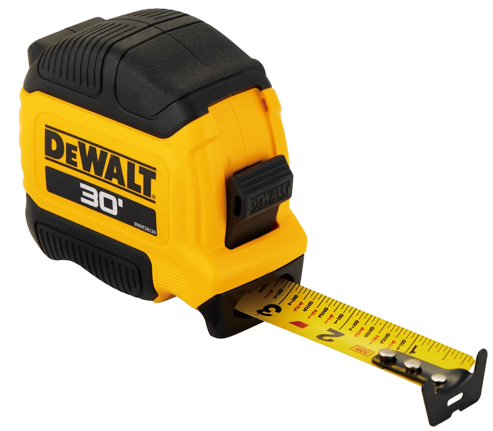 A DEWALT 30-foot tape measure with a yellow and black casing, showing the extended measuring tape.