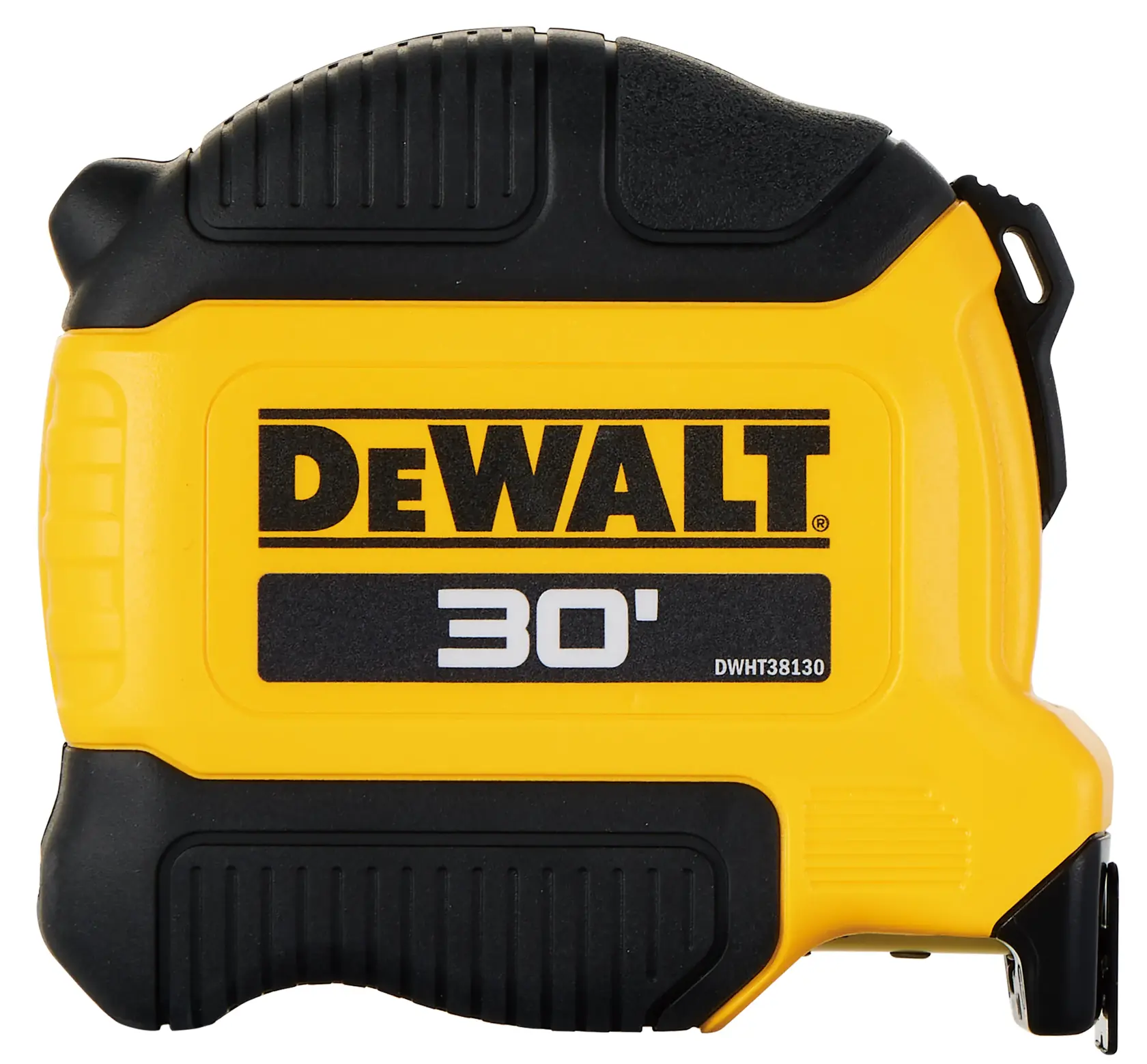 A yellow and black DEWALT 30-foot tape measure, model DWHT38130, shown from the side.