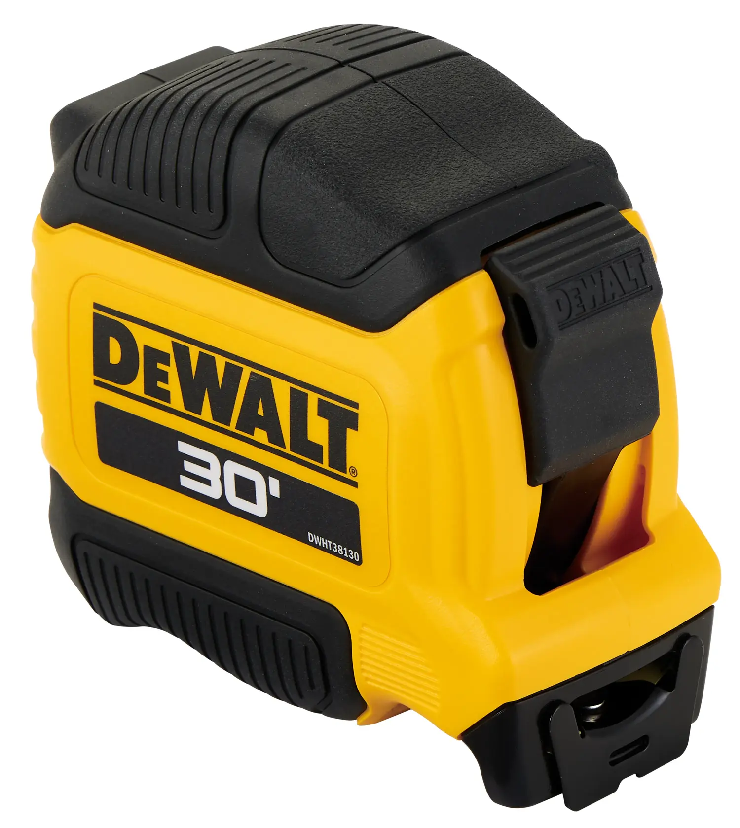 A yellow and black DEWALT ATOMIC 30-foot tape measure with a retractable measuring tape extended.