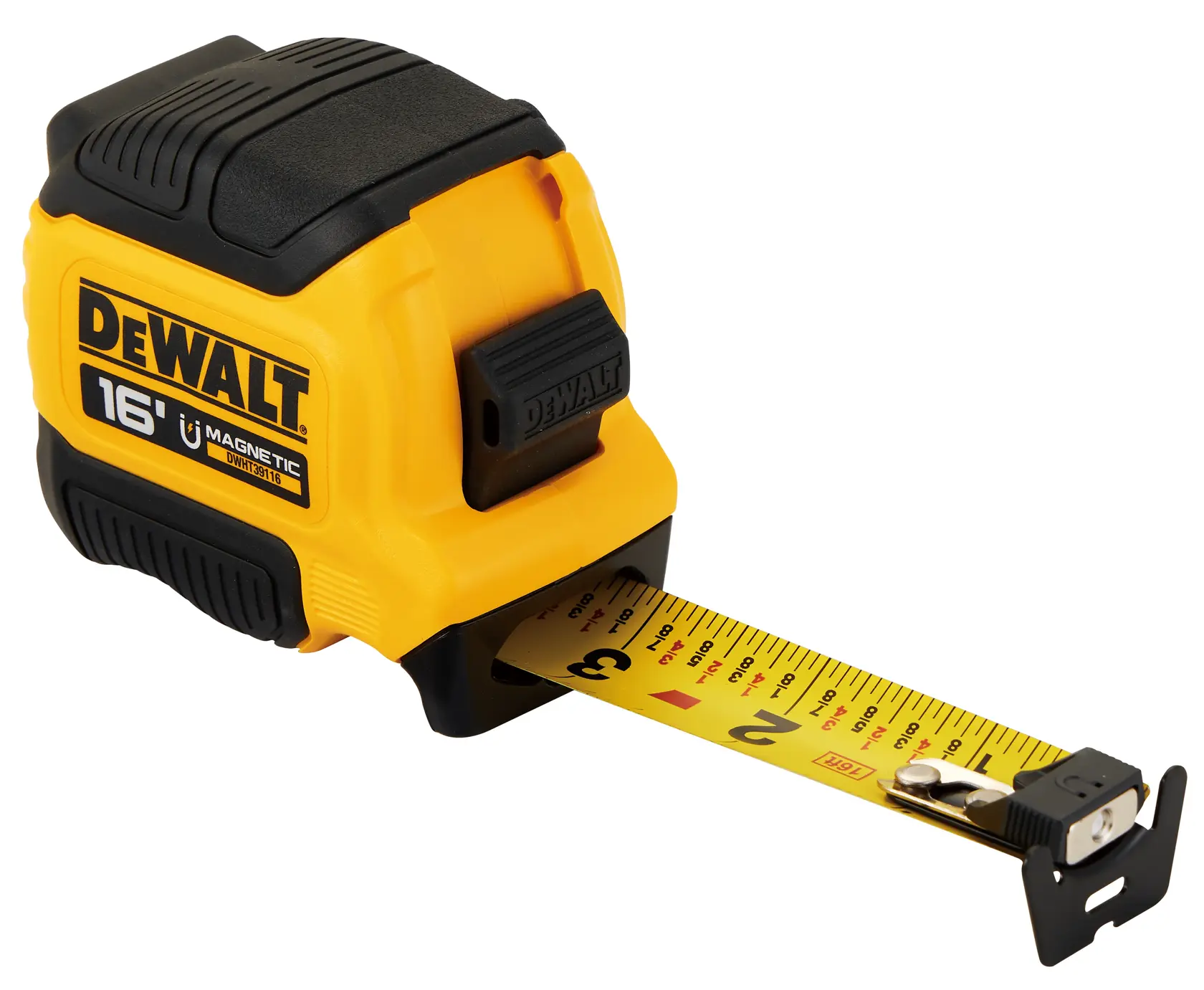 A DEWALT 16-foot magnetic tape measure with a yellow and black casing and a yellow measuring tape extended, showing numbers and markings.