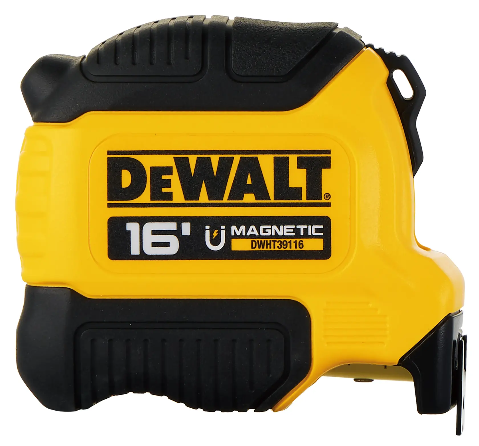 A DEWALT branded 16-foot magnetic tape measure, model DWHT39116S, with a yellow and black casing.