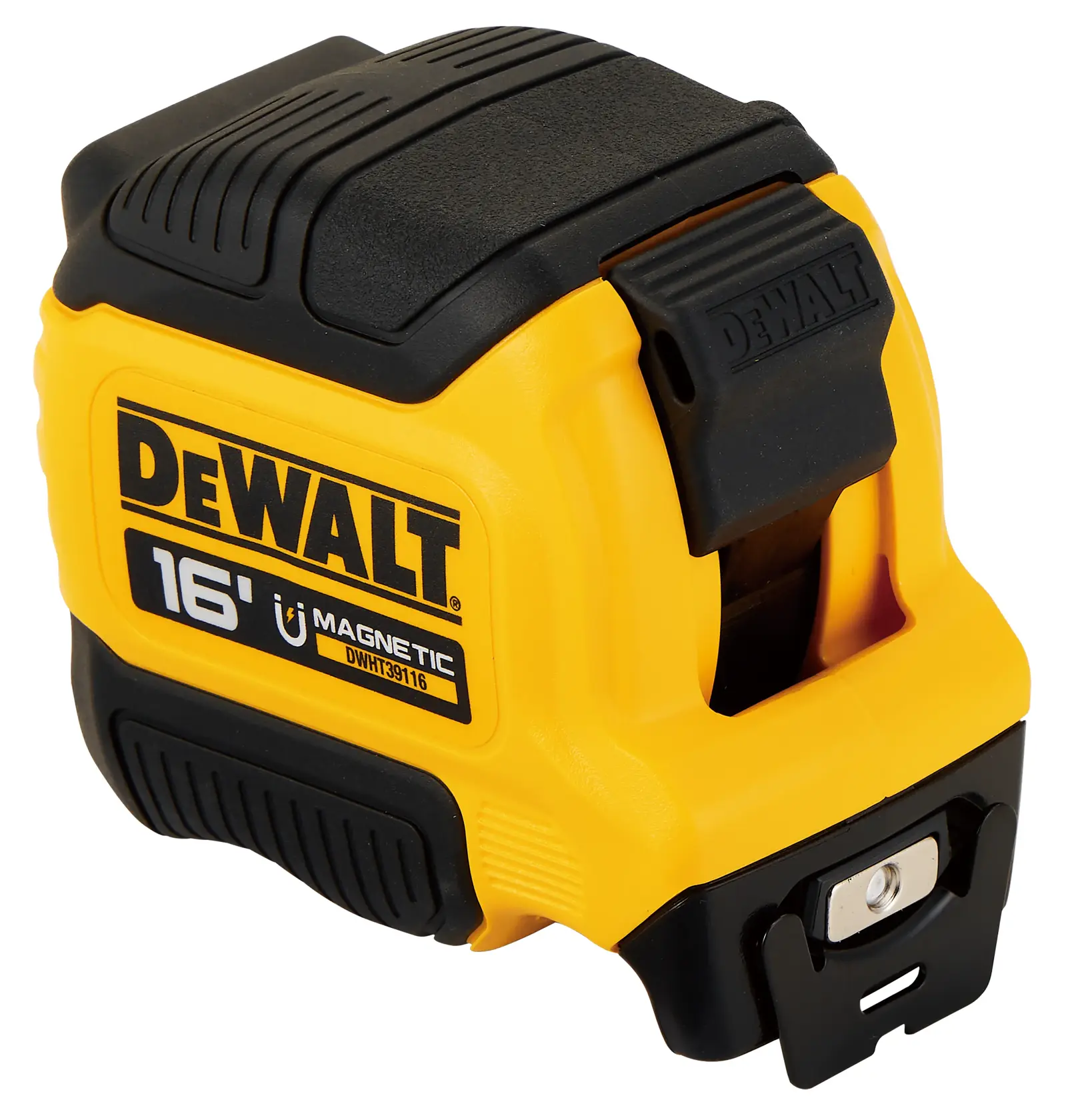 A DEWALT 16-foot magnetic tape measure, model DWHT39116S, with a yellow and black casing designed for durability.