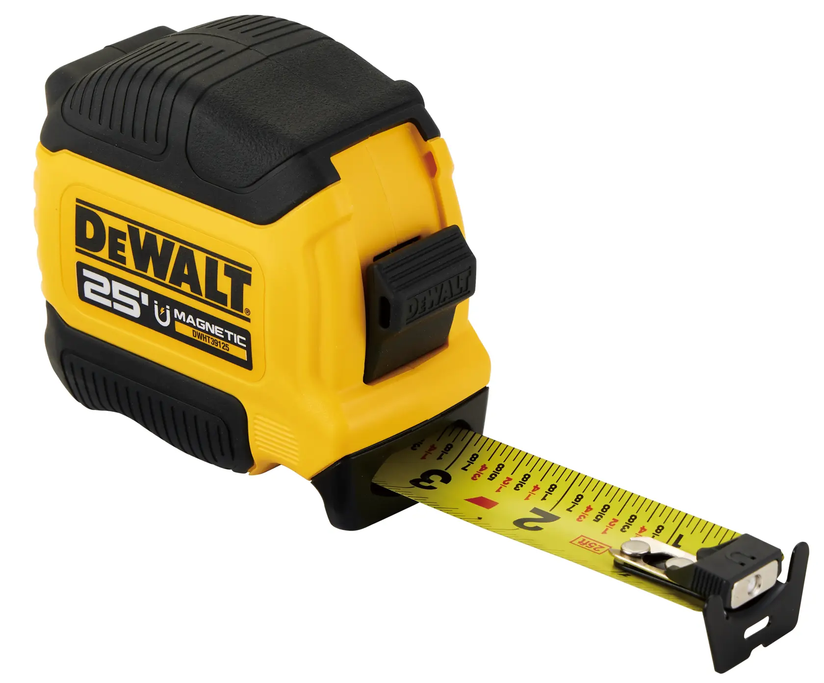 A yellow and black DEWALT 25-foot magnetic tape measure with an extended tape showing measurement markings. The tape measure has a rubberized grip and a sturdy, durable design.