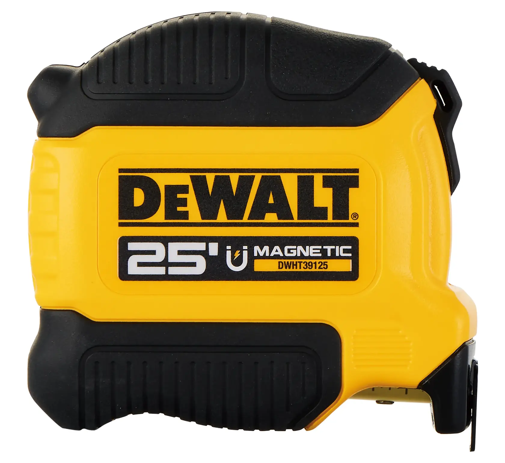 A DEWALT branded yellow and black magnetic tape measure with a 25-foot length, model DWHT39125S.