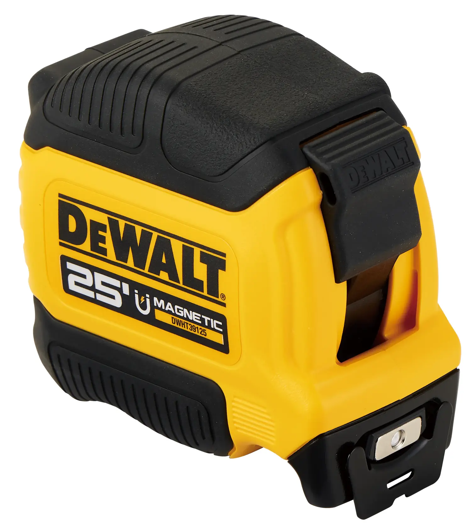A yellow and black DEWALT 25-foot magnetic tape measure with a durable rubberized case and a metal clip at the end.