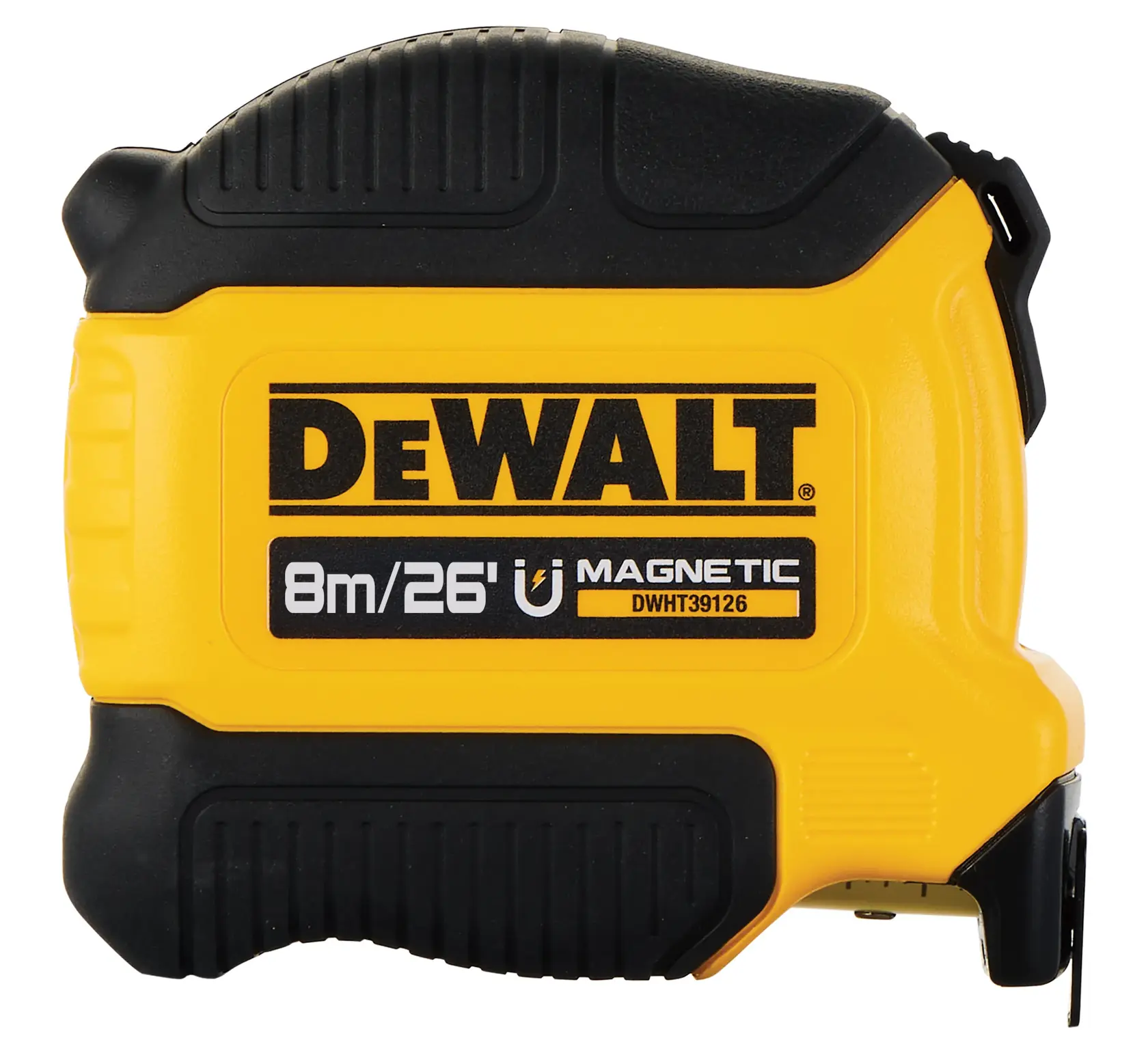A close-up image of a DEWALT magnetic tape measure with a yellow and black casing. The front label displays 'DEWALT', '8m/26ft', 'MAGNETIC', and model number DWHT39126.